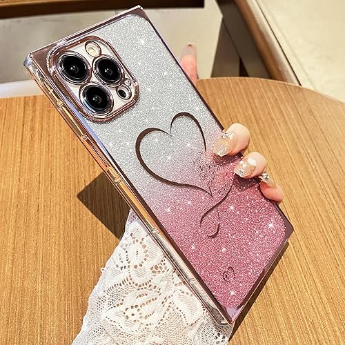 Funda para iPhone 12 Pro Max Gardient con purpurina, cubierta cuadrada brillante con bonito corazón chapado para mujeres y niñas, protección de