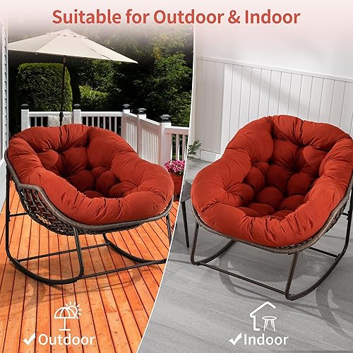 Miniatura 7 de HOMEFUN Juego de 2 mecedoras para patio al aire libre, mecedora Papasan de gran tamaño con cojín acolchado, silla mecedora para porche delantero,