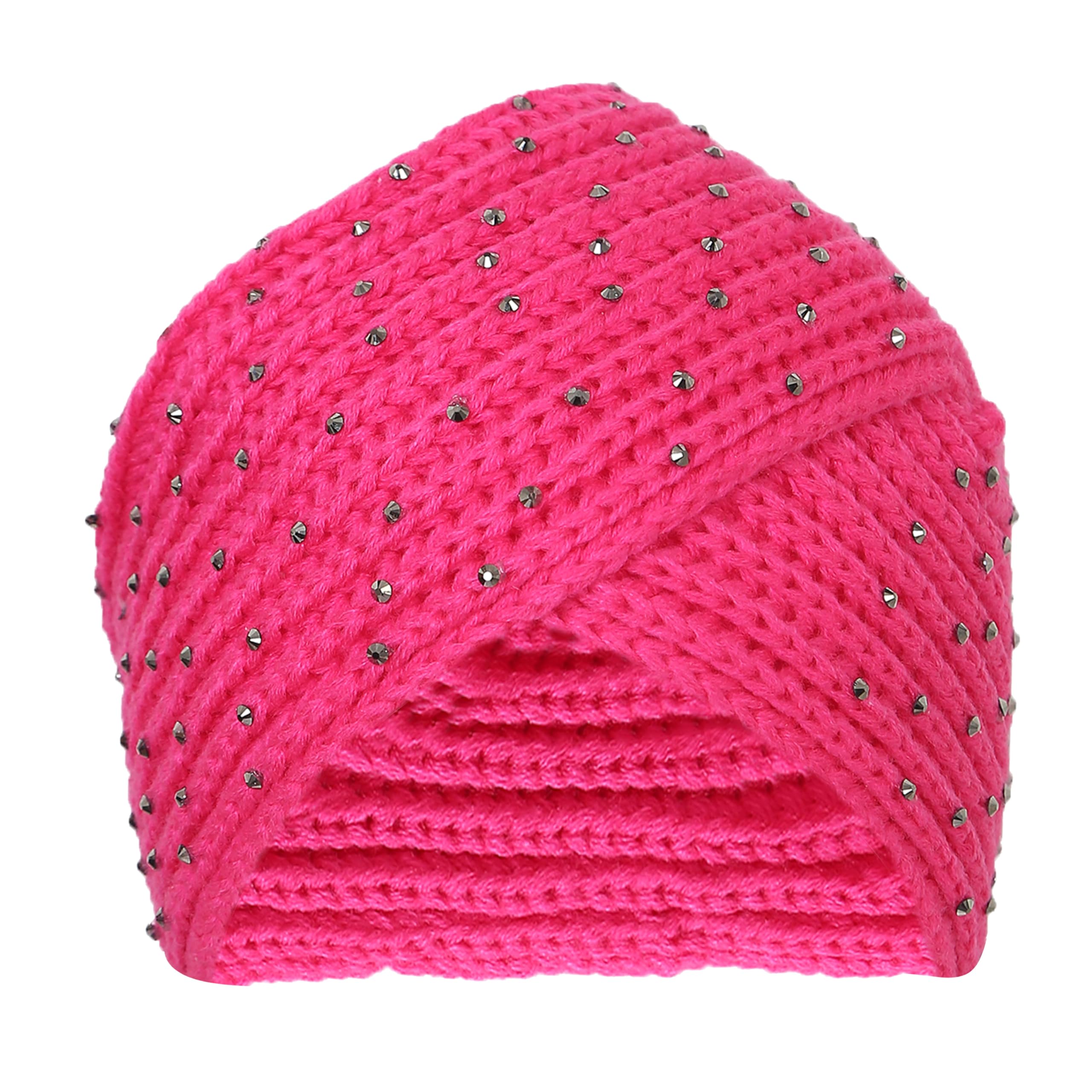 FabSeasons Acrylic Woolen Casual & Ethnic Skull Cap with Studs for Girls of Age 5-14 Years, fits Like a Turban Pink 3