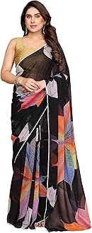 MOHIT CREATIONS Women's Party Wear Georgette Printed Border Ready To Wear Saree With Unstiched Blouse Piece