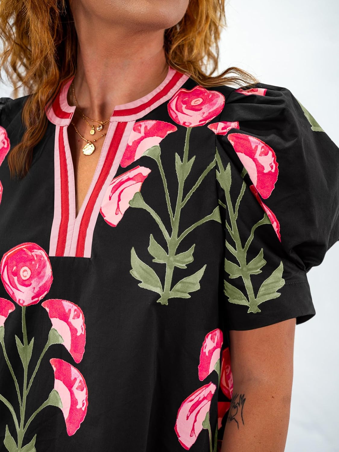 Cicy Bell Womens Summer Puff Sleeve Blouses Casual Dressy V Neck Color Block Tops Loose Fit Boho Floral Printed Tee Shirts - Image 7