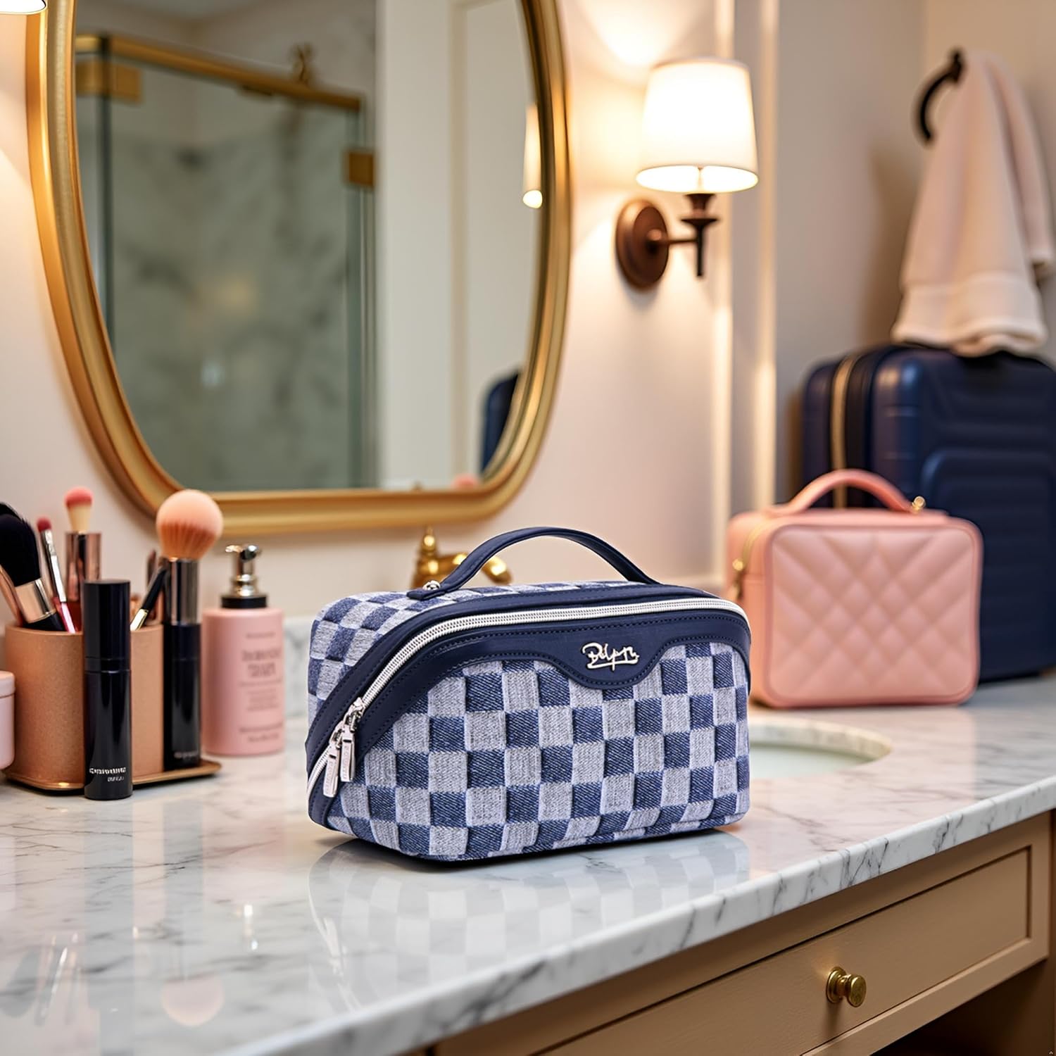 BOYATU Travel Makeup Bag for Women: Large Cosmetic Bag Set of 3 - PU Leather Make up Bag with Compartments - Compact Waterproof Toiletry Bag with Divider & Handle (D-5-Deep Blue) - Image 7