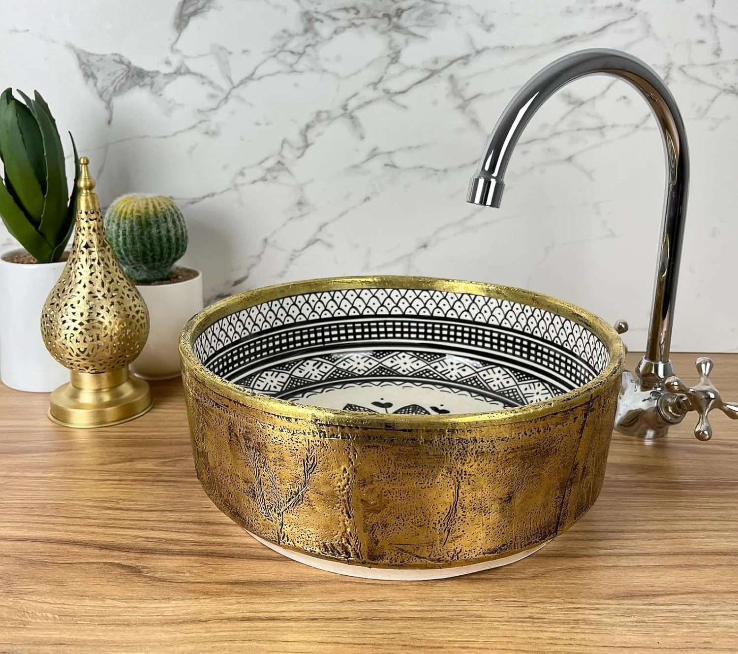 Round Modern Pottery Bathroom Vanity Vessel Sink, Artistic Countertop Ceramic Sink Hand Painted Vanity Wash Basin Wrapped with Brass (8 Inch = 20 cm | Height: 3.5 Inch = 9 cm, Black & White)