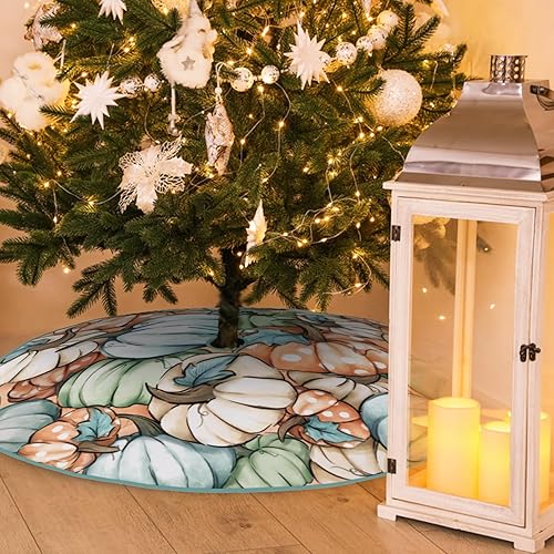 Miniatura 5 de Falda de árbol de Navidad de calabazas azules otoñales de 48 pulgadas con cordones, falda de árbol de calabaza artificial de lunares blancos y verde