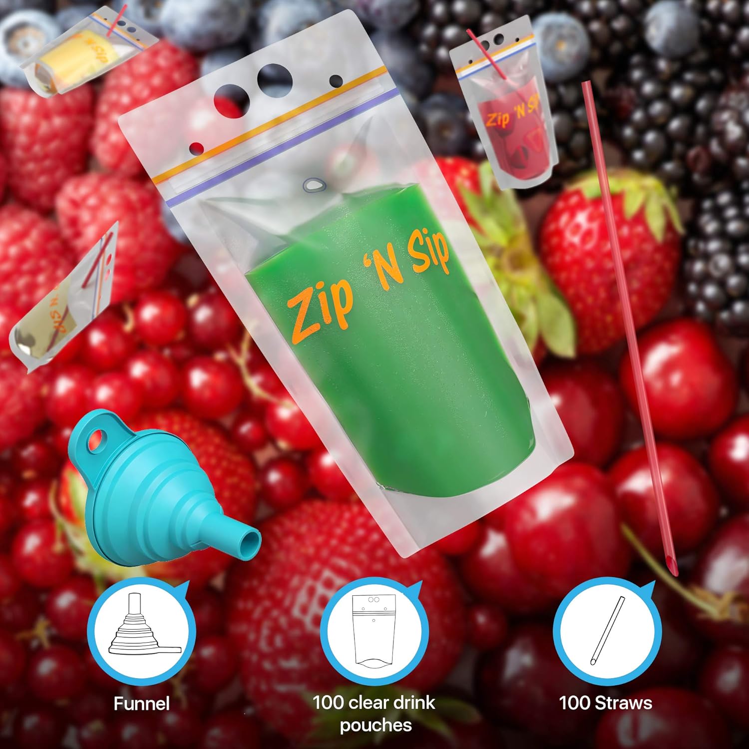 100 Hand-Held Drink Pouches with Straw Hole: BPA Free Clear Plastic Smoothie Bags with 100 Straws, Silicone Funnel, Heavy Duty Reclosable double zipper leak proof Stand Up Pouch with Bottom Gusset