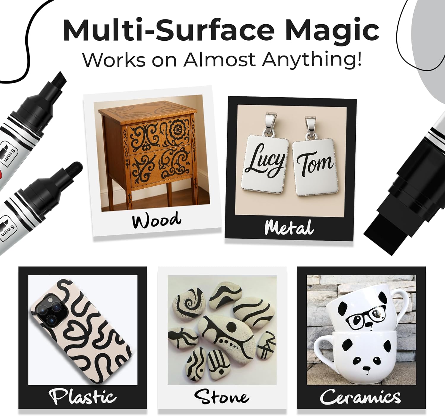 Chalkola 5 Oil Black Paint Pens — 4 Dual-Tip + 15 mm Jumbo, for Metal, Fabric, G