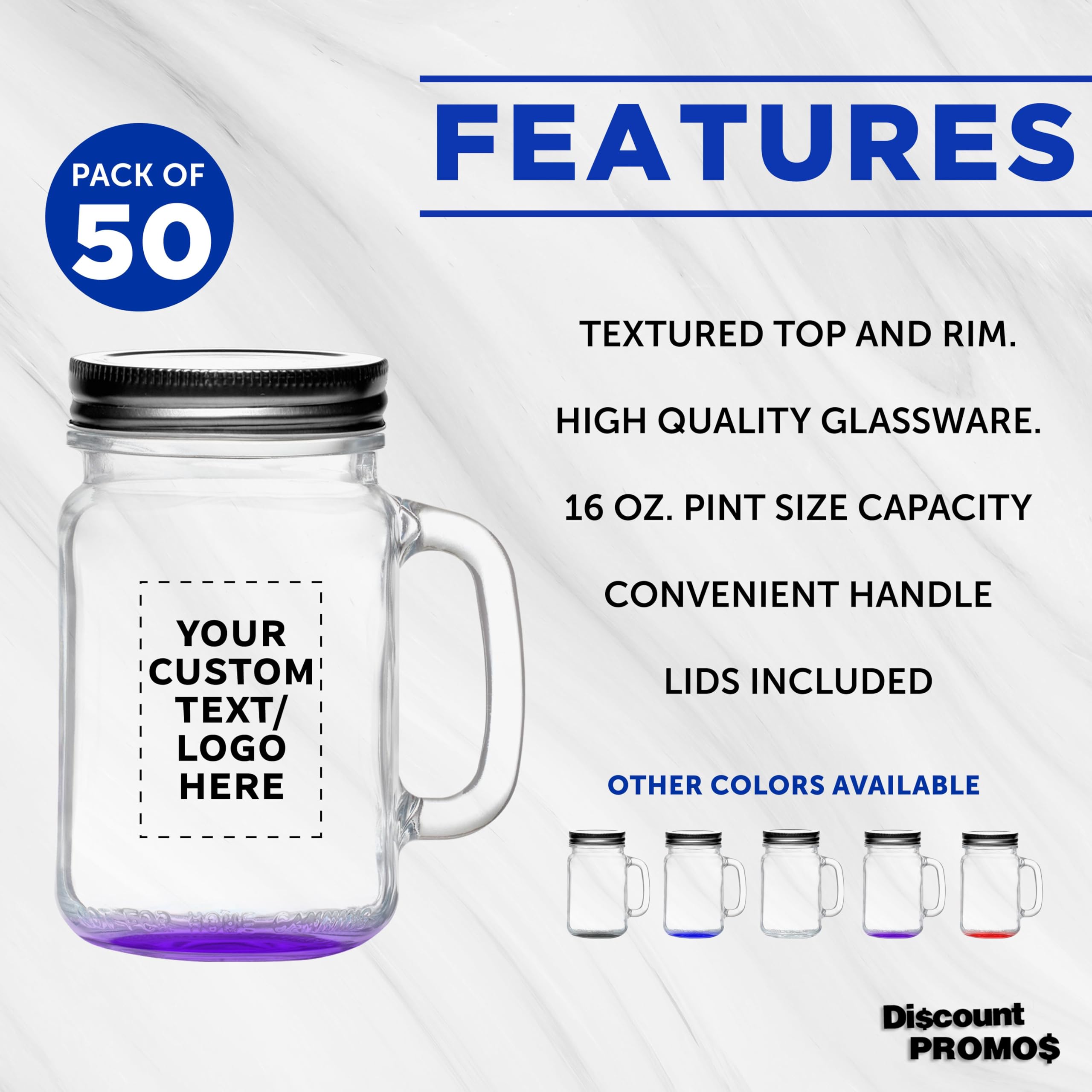 DISCOUNT PROMOS 50 Handle Mason Jars with Lids Set, 16 oz. - Personalized Text, Logo - Traditional style, Drinking, Glassware - Purple