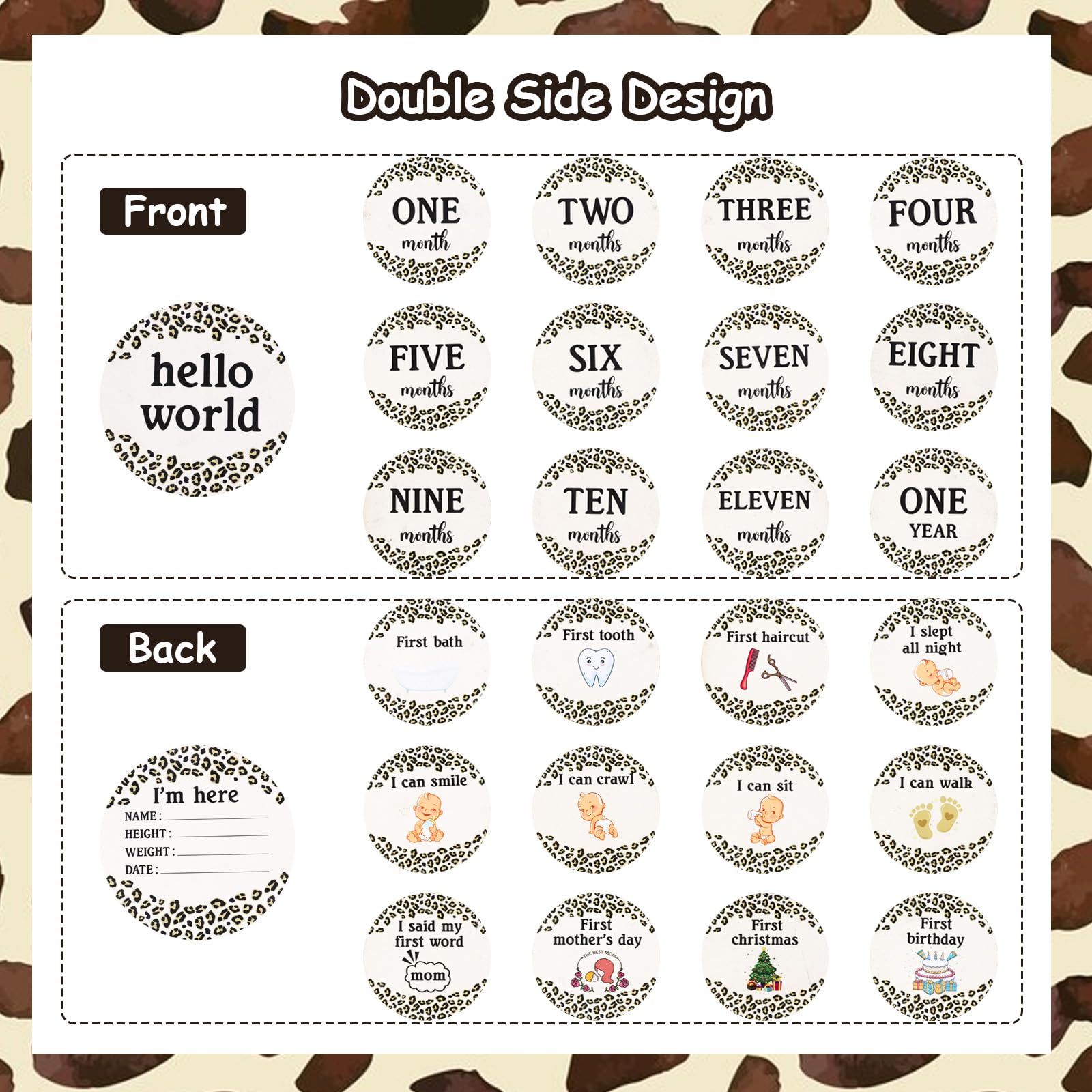 Sursurprise Leopard Print Milestone Cards, Baby Monthly Milestone Markers, Wooden Milestone Cards, 13PCS Leopard Print Double Sided Hello World Newborn 1-12 Months Circles Discs Signs Props