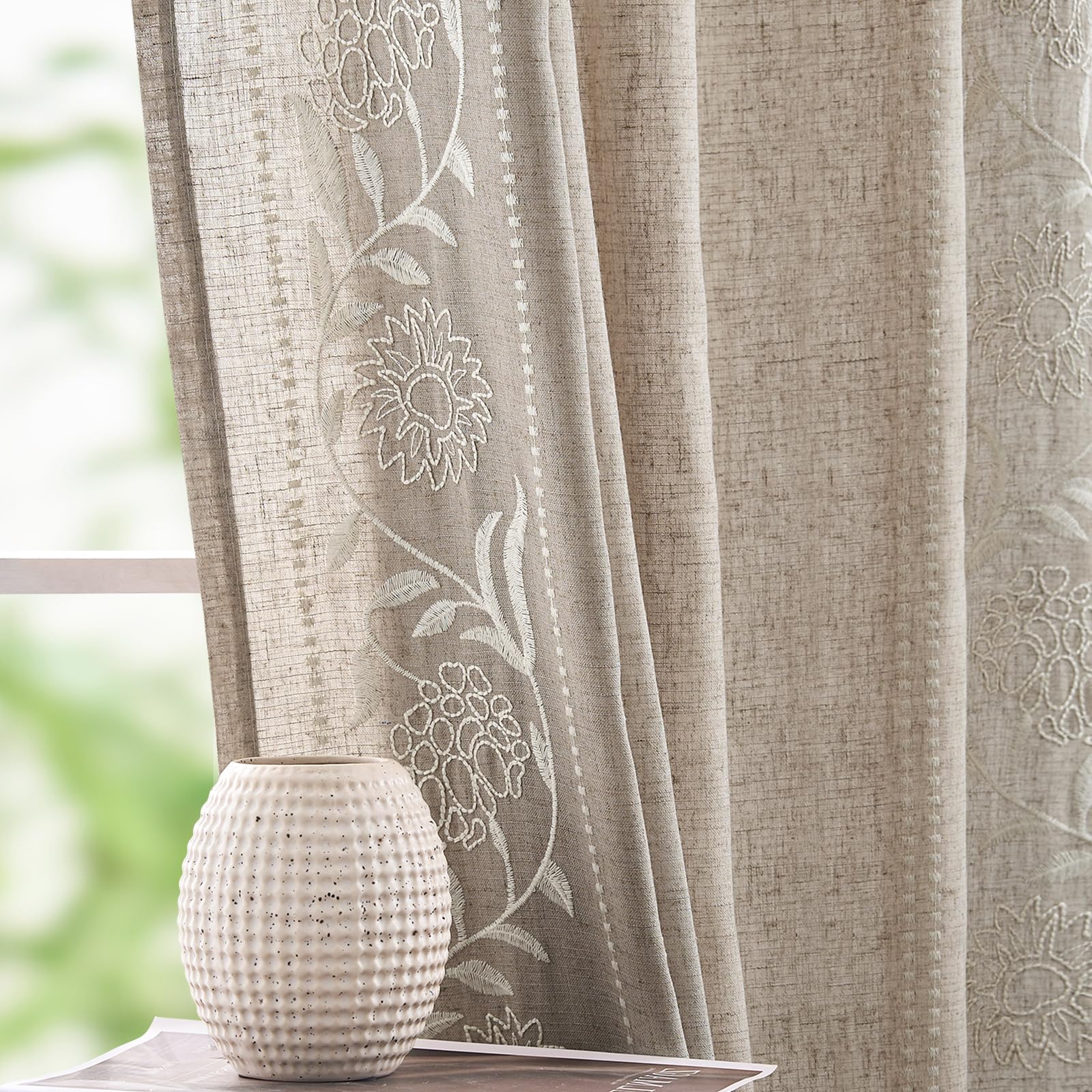 jinchan Winslow Linen Curtains for Bedroom 84 Inches Length Ivory on Taupe Embroidered Bordered Floral Curtains for Living Room Farmhouse Decor Light