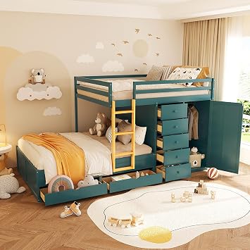 MERITLINE Full Size Bunk Bed with 2 Large Drawers & 5 Small Drawers, Storage Bunk Bed with Mini Wardrobe, MDF & Solid Wood Construction for Kids Teens Morandi Green