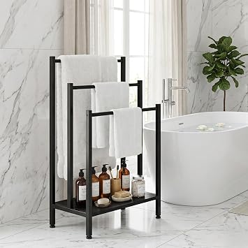 Free Standing Towel Rail, 3-tier Towel Rack with Storage Shelf, Towel Drying Stand for Bathroom Organizer Storage, Black