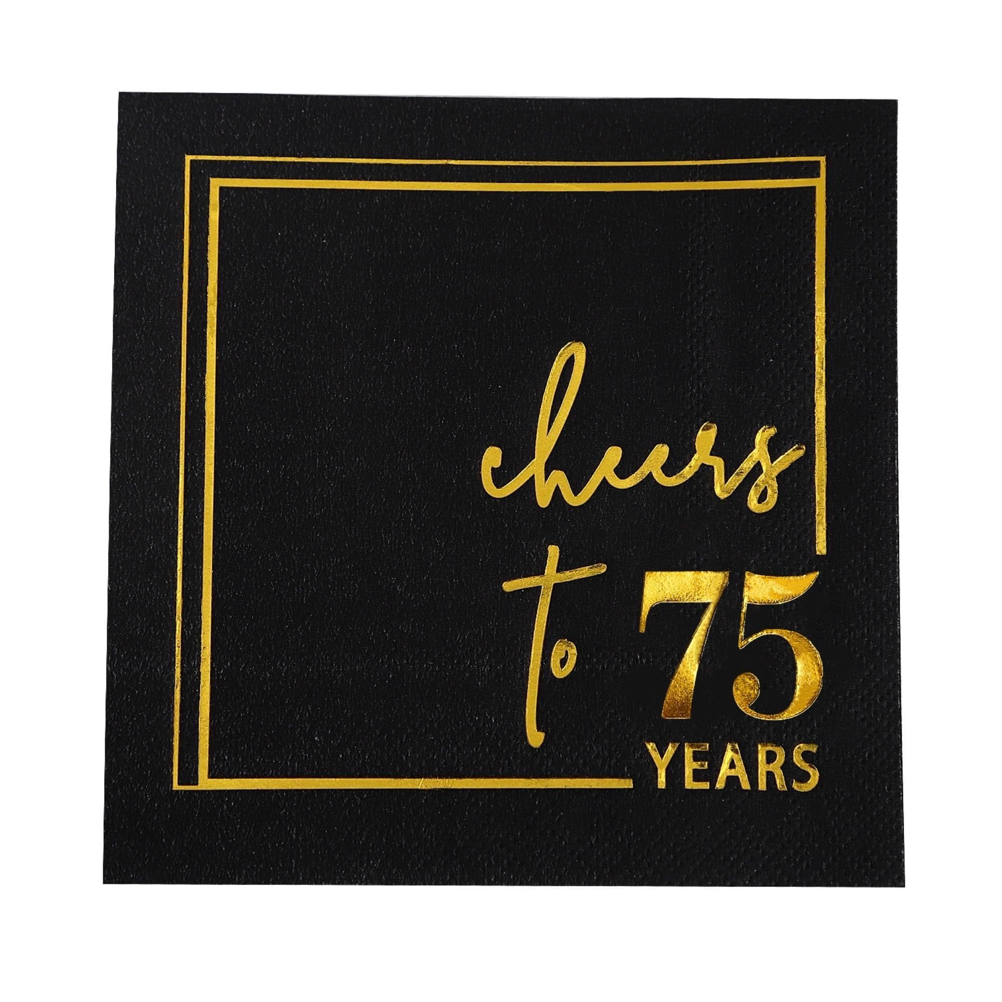 Cocktail-Servietten, 3-lagig, 12,7 x 12,7 cm, Einweg-Party-Servietten, Getränke-Papierservietten oder Geburtstagsdekorationen, Hochzeitstag, Schwarz und Gold (75 Jahre), 50 Stück