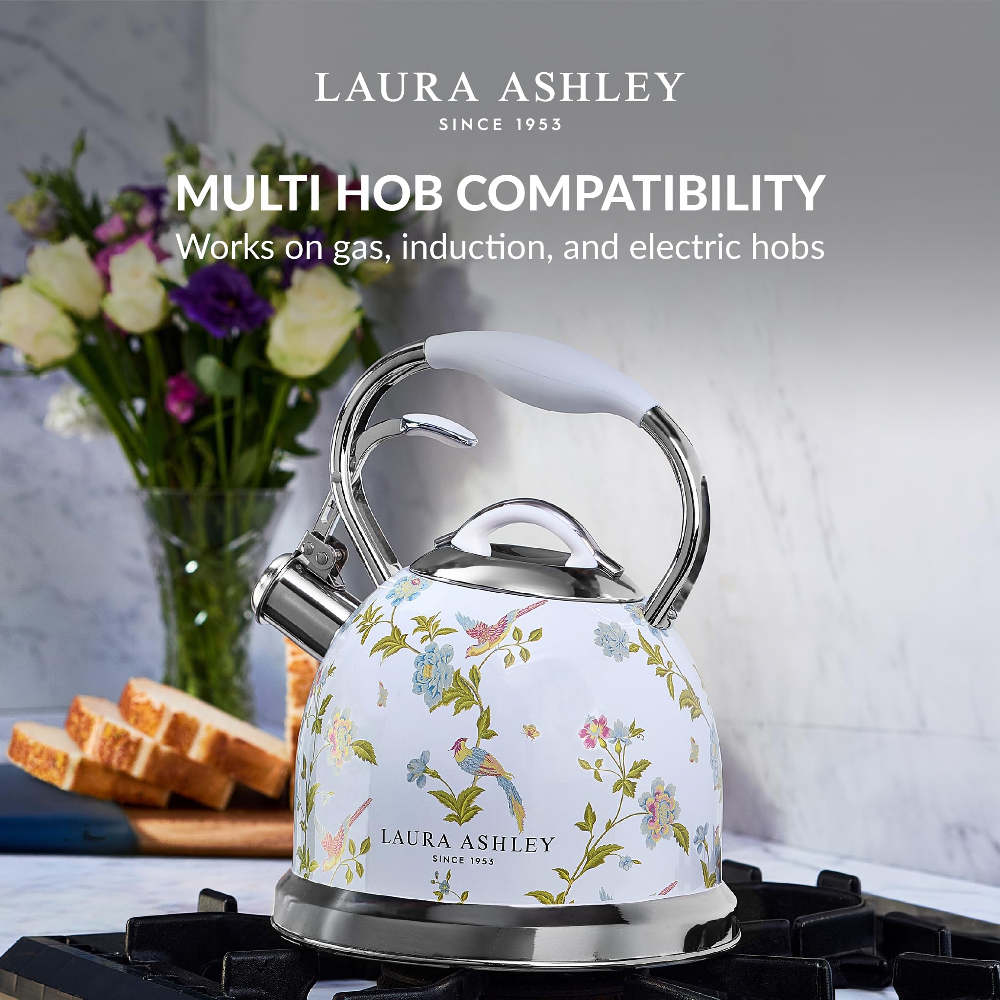 Laura Ashley Elveden White 3 Litern Wasserkessel Induktion von VQ – Wasserkessel Camping mit Pfeifton für Gasherd, Induktions kochfeld oder andere Kochfelder mit Druckknopf Mechanismus