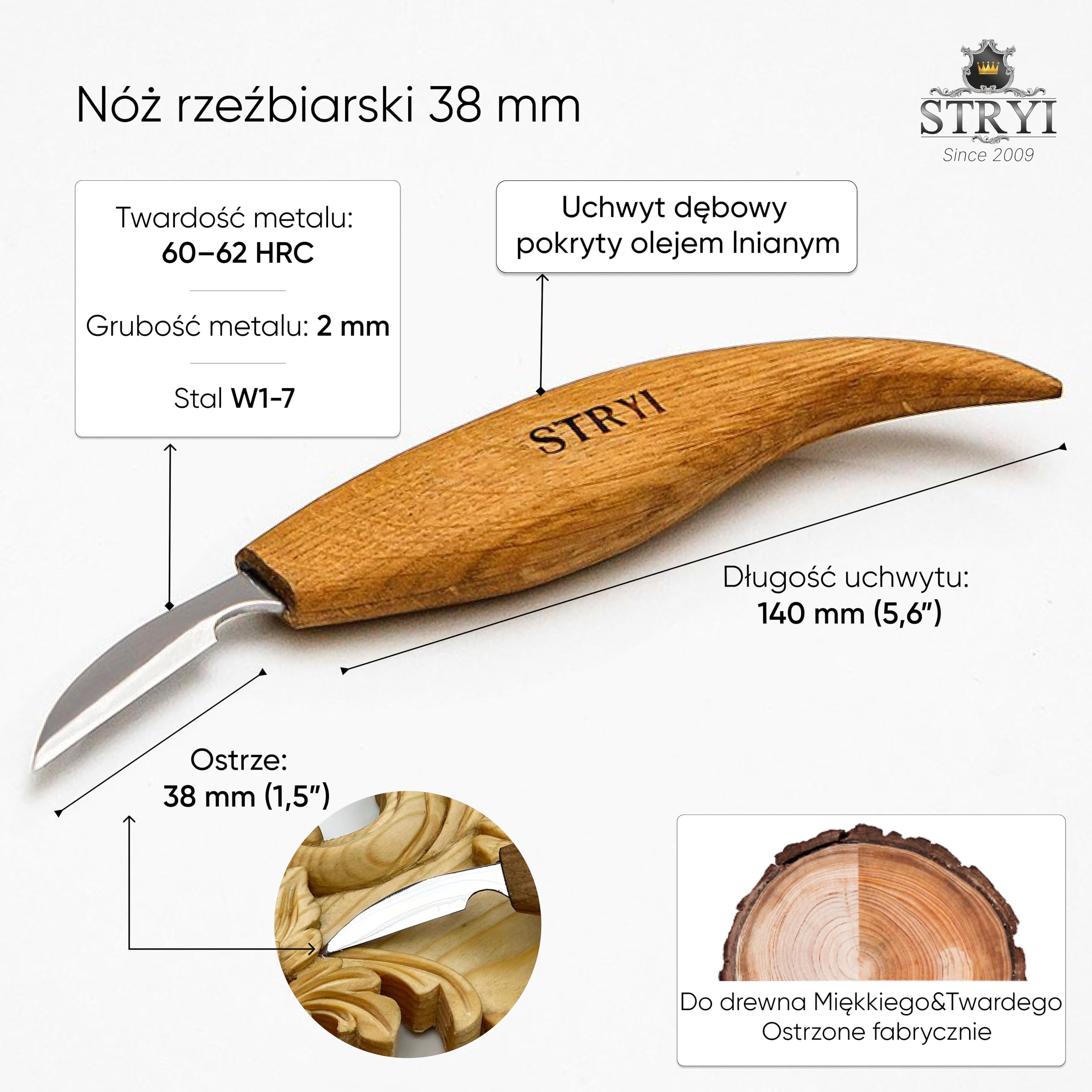 STRYI Profesjonalny nóż do rzeźbienia wiórowego i szczegółowego 38 mm – ręcznie wykonany nóż do rzeźbienia w drewnie do precyzyjnych szczegółów i rzeźbienia nacięć – ostrze ze stali węglowej, uchwyt z