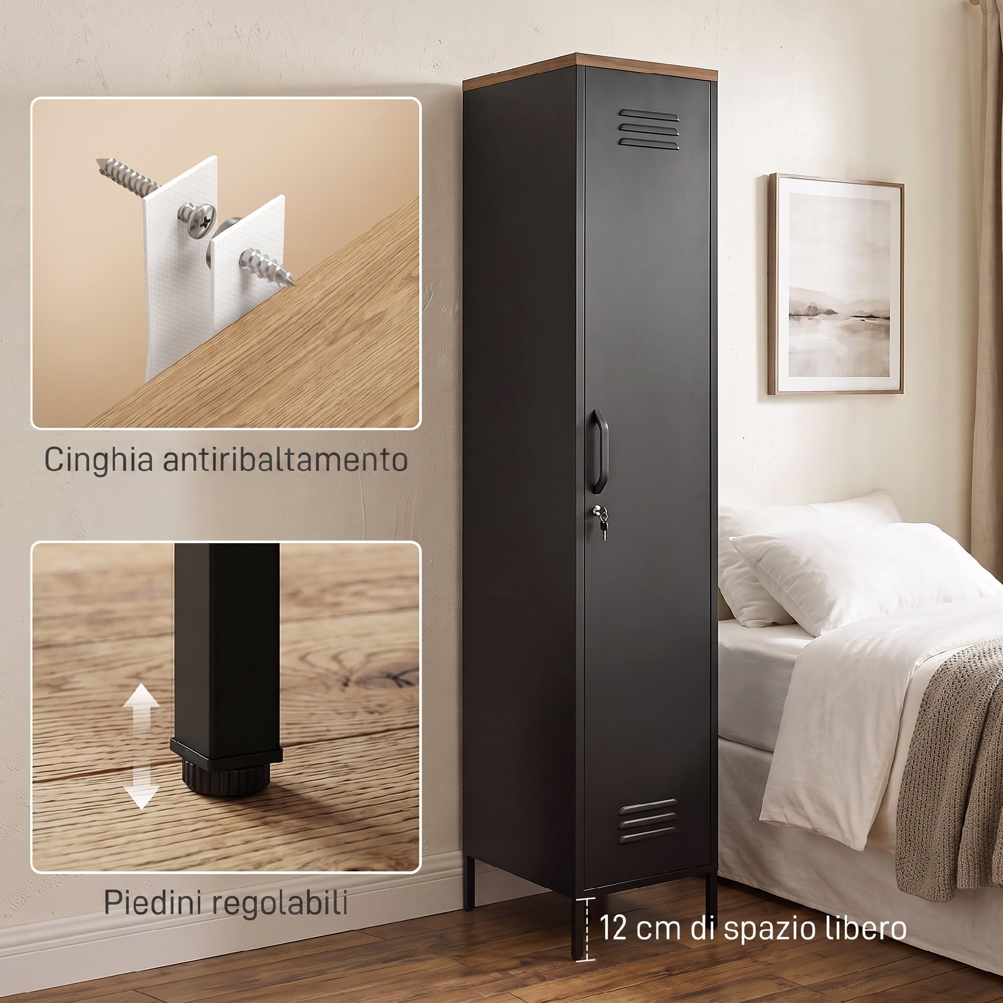 HOMCOM Armadietto Spogliatoio 35x46x183 cm Nero e Marrone Effetto Legno | Slim in Metallo, Chiusura a Chiave, Ripiani Regolabili, Armadio Metallico Multiuso, Industriale, per Casa Ufficio Garage
