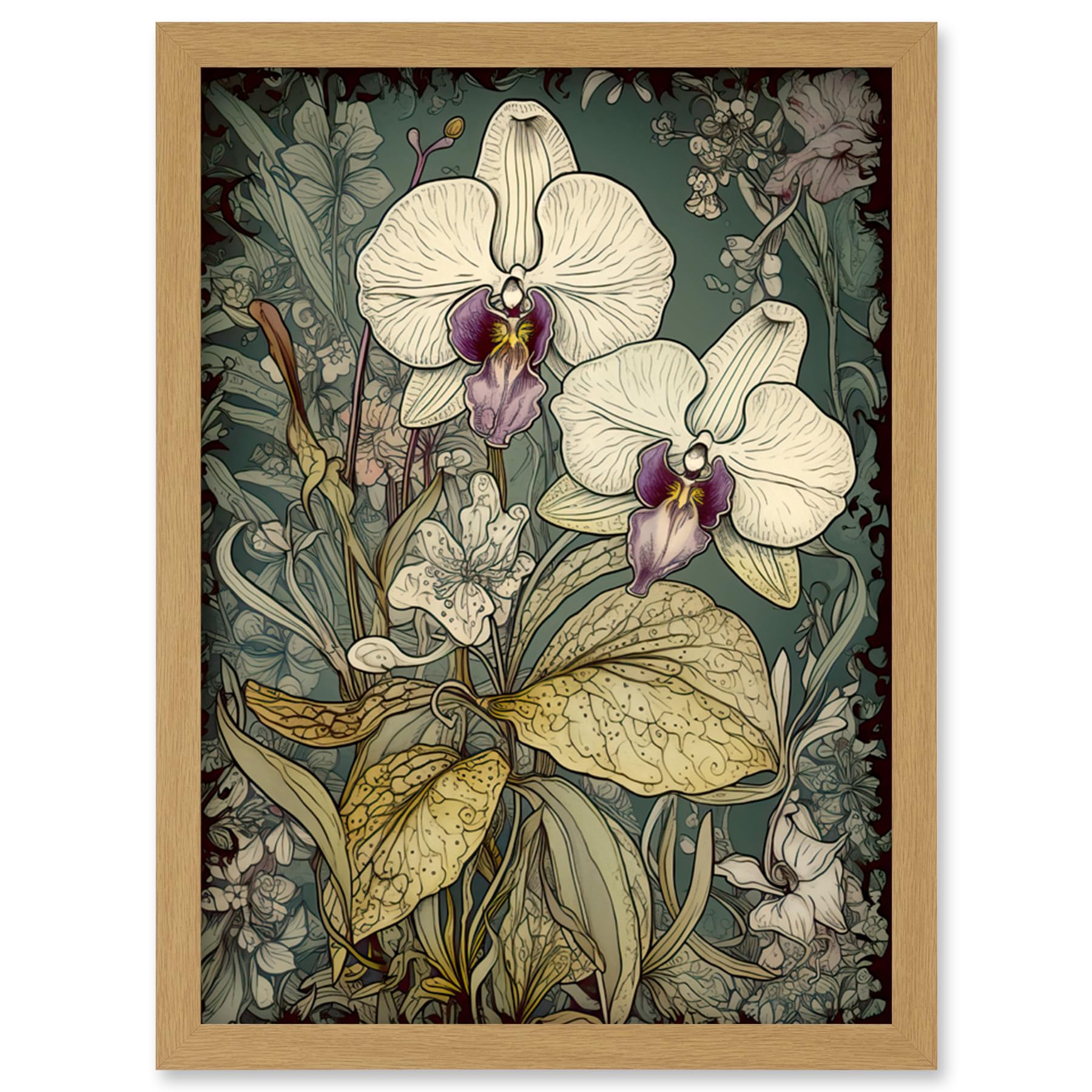 Artery8 William Morris Style White and Purple Orchid Artwork Framed Wall Art Print A4
