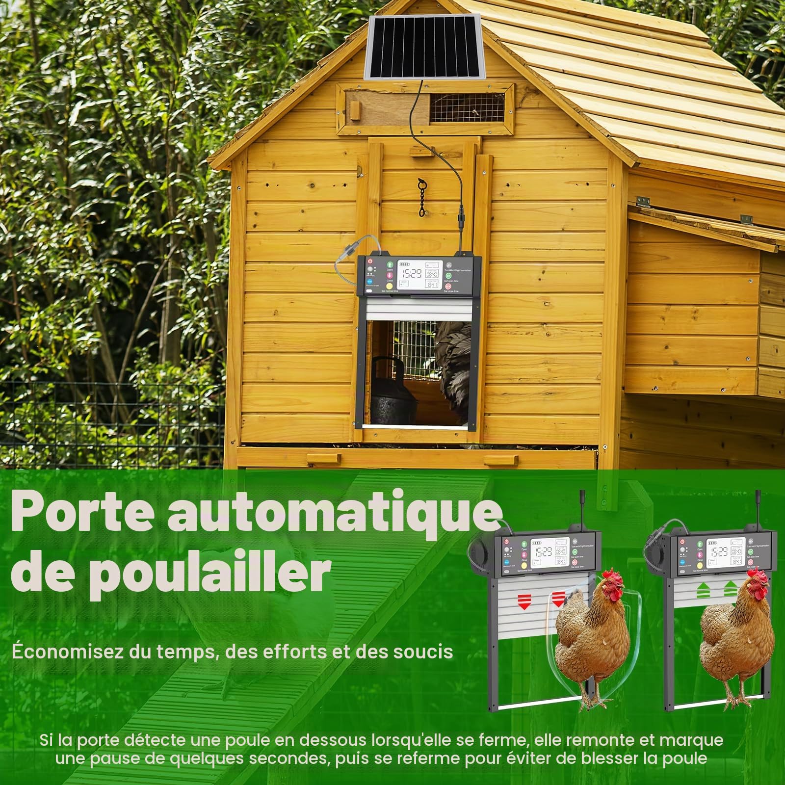 Porte De Poulailler Automatique, Solaire, Contrôle Via Appli WiFi | État Ouvert/Fermé Visible Dans L’Appli; Batterie 4000 mAh, Capteur De Lumière, Minuterie, Porte Enroulable Anti-Pincement