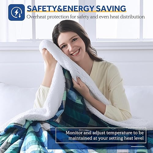 Miniatura 3 de SEALY Manta eléctrica tamaño matrimonial, manta eléctrica de felpa corta a cuadros y sherpa con 10 niveles de calefacción y apagado automático de 1