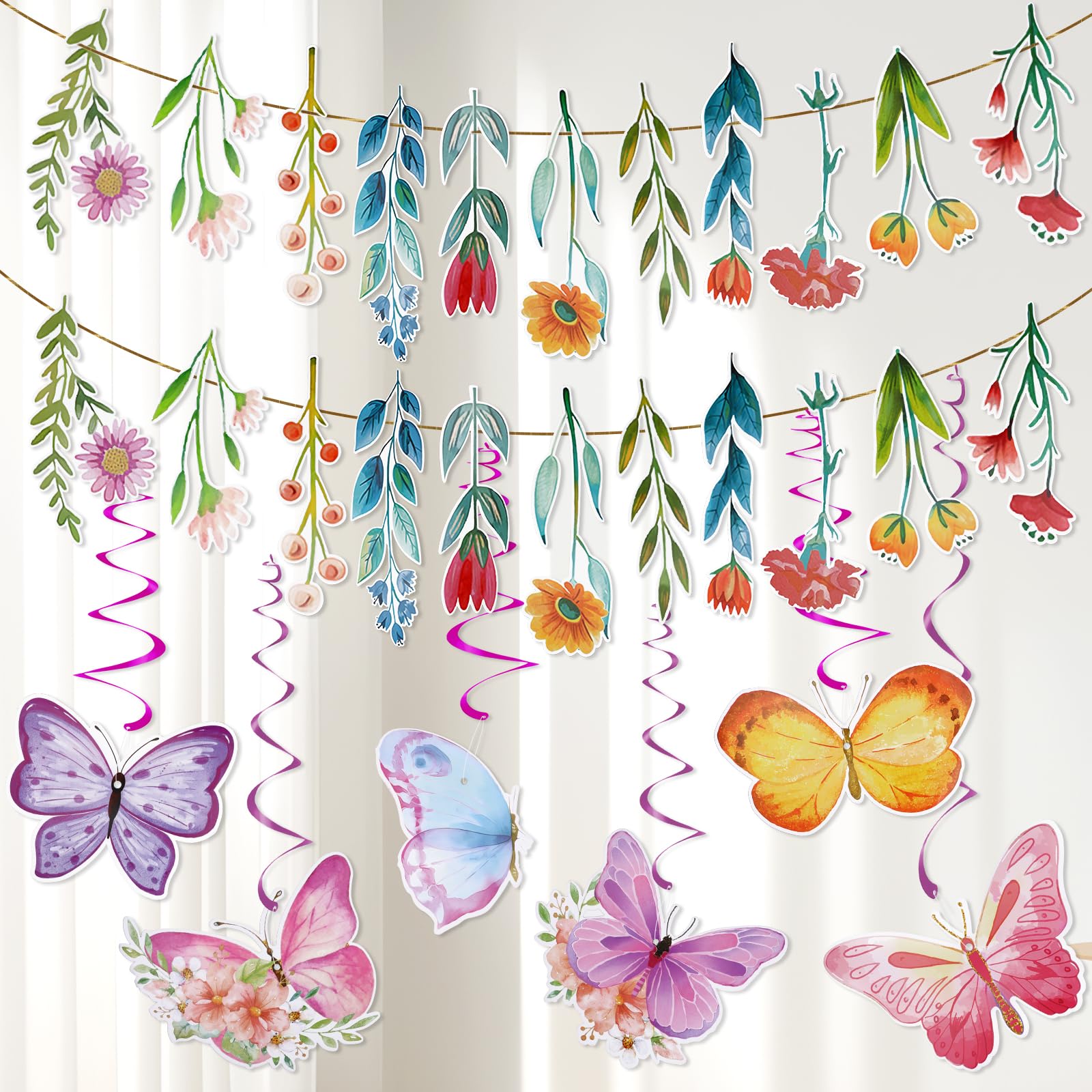 Flower Paper Garland, Wildflower Party Banner with Butterfly Bunting Set, Spring Summer Garden Decor Banner, Floral Hanging Decoration for Wedding Birthday Indoor Outdoor Backdrop (Colorful)