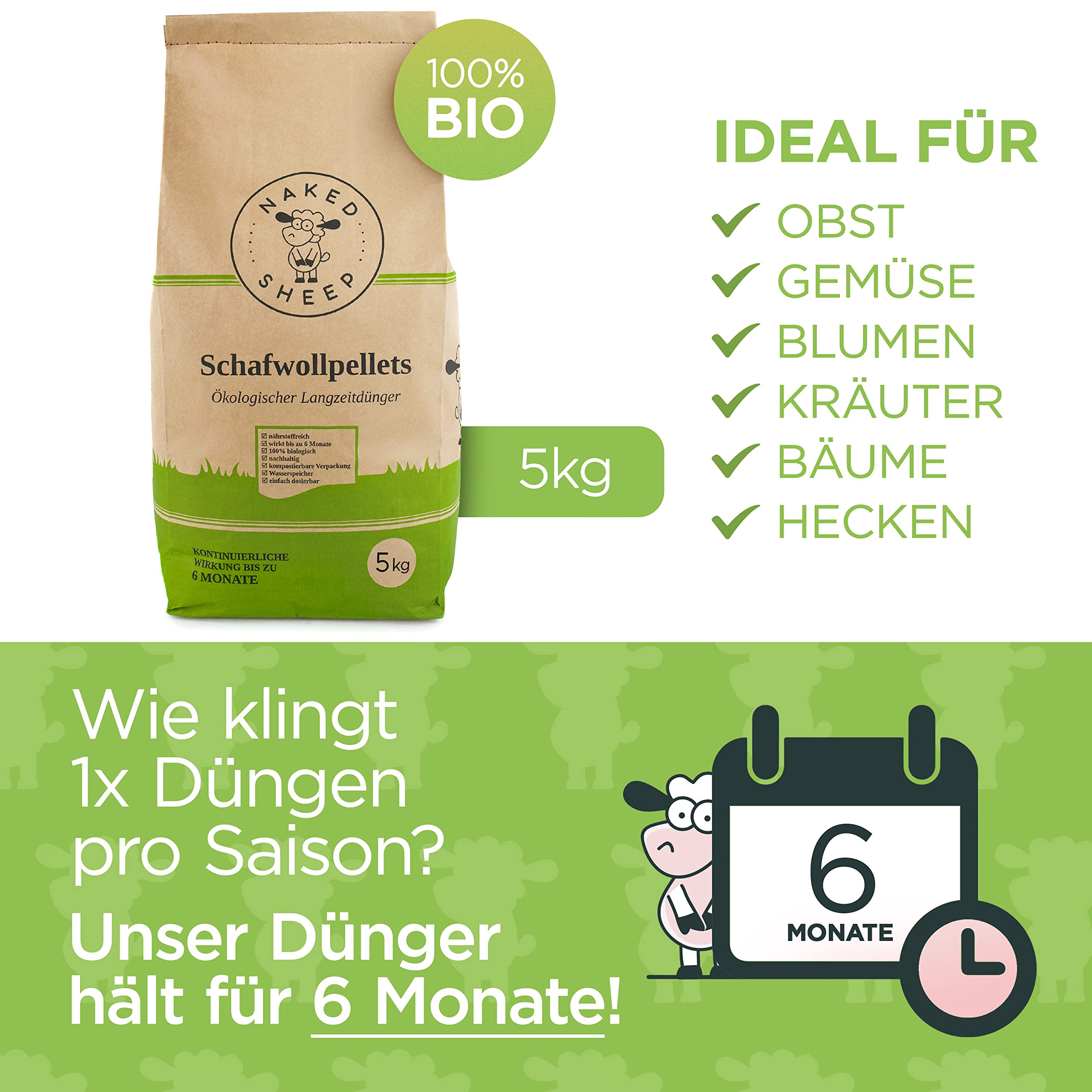 NAKED SHEEP Bio Universal Langzeitdünger aus Schafwolle, 5 kg organischer Dünger für Zimmerpflanzen, Tomaten, Gemüse und Gartenpflanzen - Bodenaktivator und Wasserspeicher