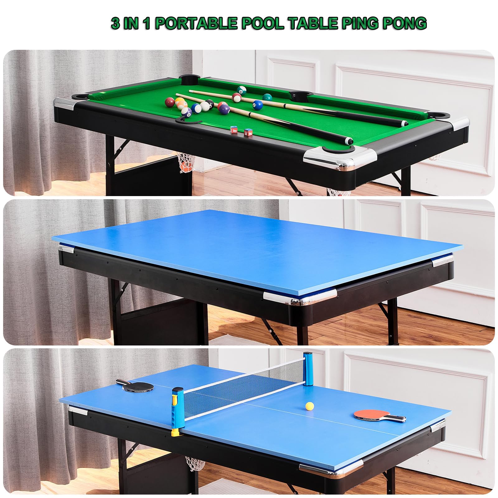 Folding Pool Table Ping Pong Table Combo 6FT,3 in 1 Portable Pool Table Ping Pong 65 Inch,Convertible Dining Room Pool Table for Game Room Adult Rrec Room,Outdoor,Garage