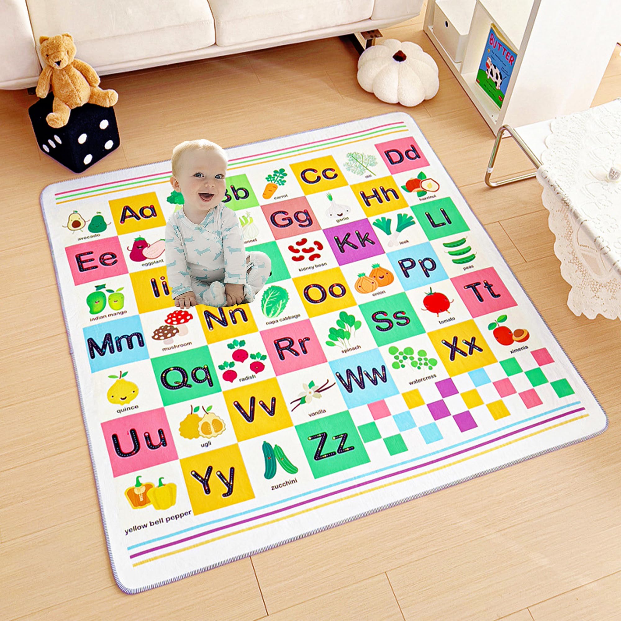 SQAQS Alfombra Bebe Acolchada Plegable, 130 * 130 cm, Estructura de Cuatro Pisos Alfombra de Juego Lavable a Máquina, Alfombra De Juegos para Bebés, Habitaciones Infantiles Salas De Juegos (Verduras)