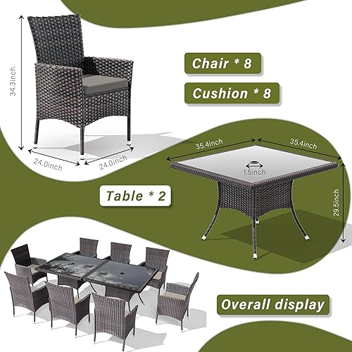 Miniatura 3 de Juego de 10 piezas de comedor para patio al aire libre, mesa de patio y sillas de ratán con agujero para paraguas, juego de mesa de comedor para 8
