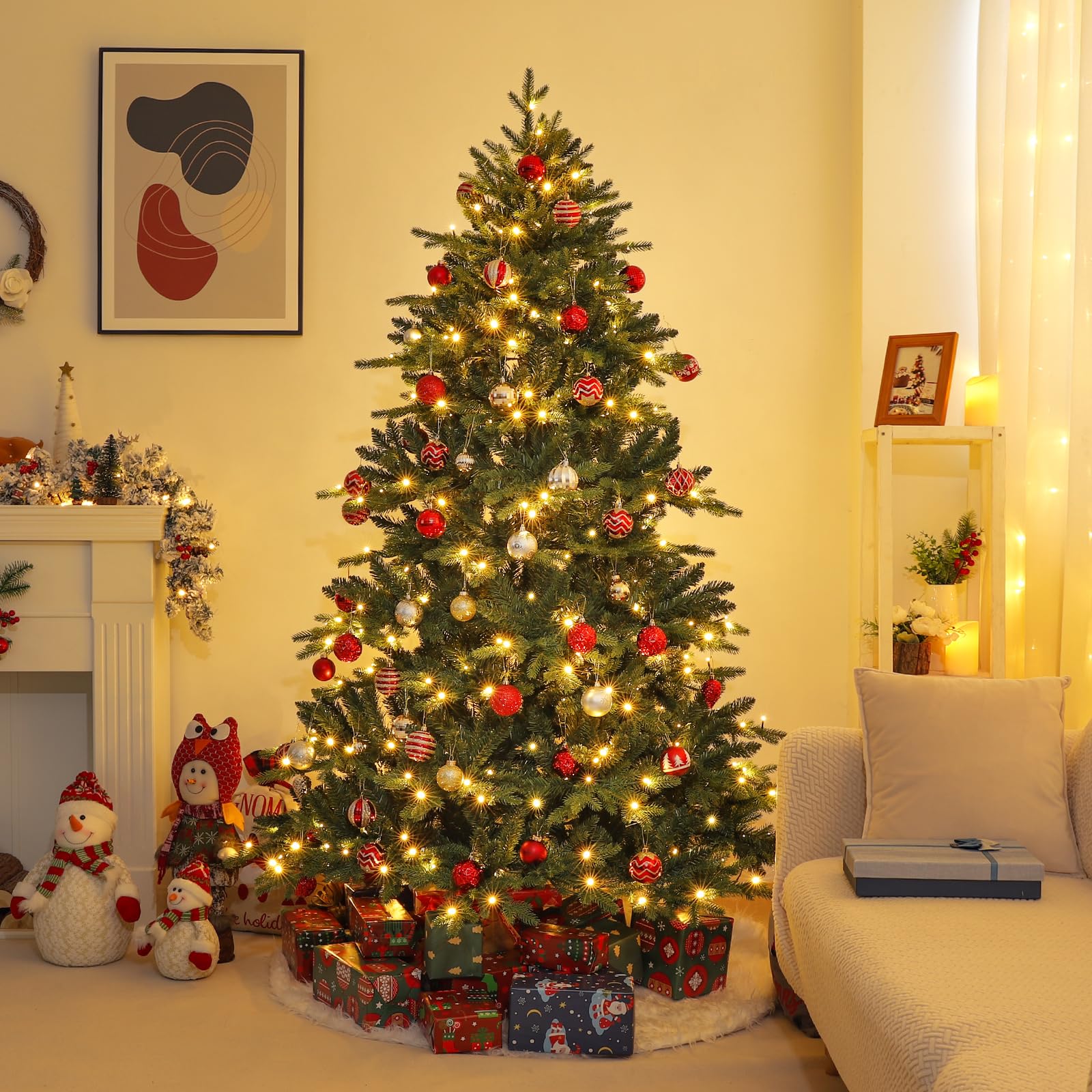 Yorbay Künstlicher Weihnachtsbaum mit Beleuchtung LED: 150 cm Naturgetreu | Mehrweg Tannenbaum mit Stabil Holzständer für Weihnachten Dekoration - Premium Nordmanntanne aus PE&PVC und Dichte Zweige