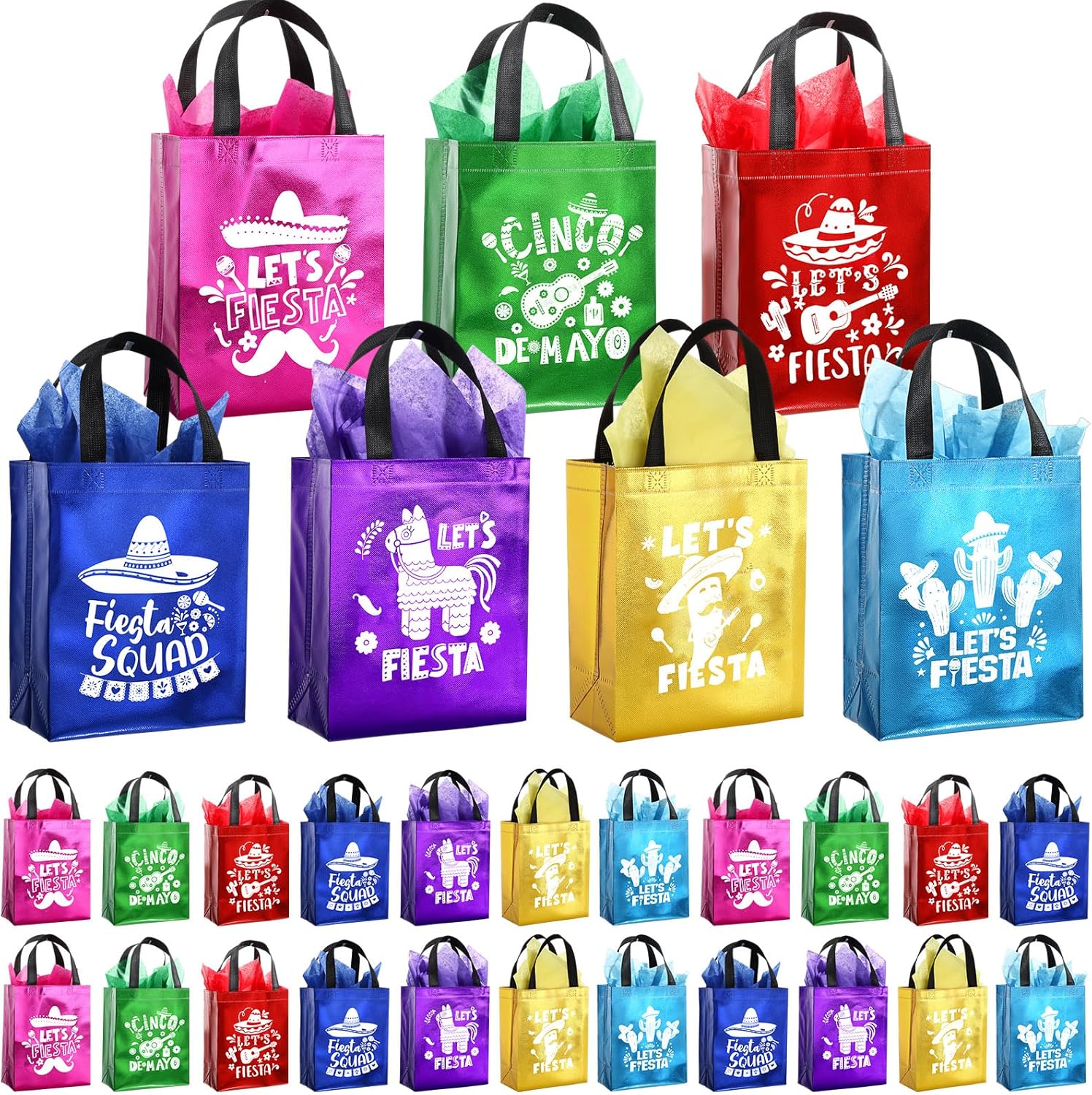 Motipuns 35 Pcs Mexican Fiesta Goodie Treat Bags with Handles & Tissue Cinco De Mayo Gift Non-woven Reusable Fiesta Party Favor Bags for Mexico Birthday Baby Shower Party Favors Decor(8x4x10 Inch)