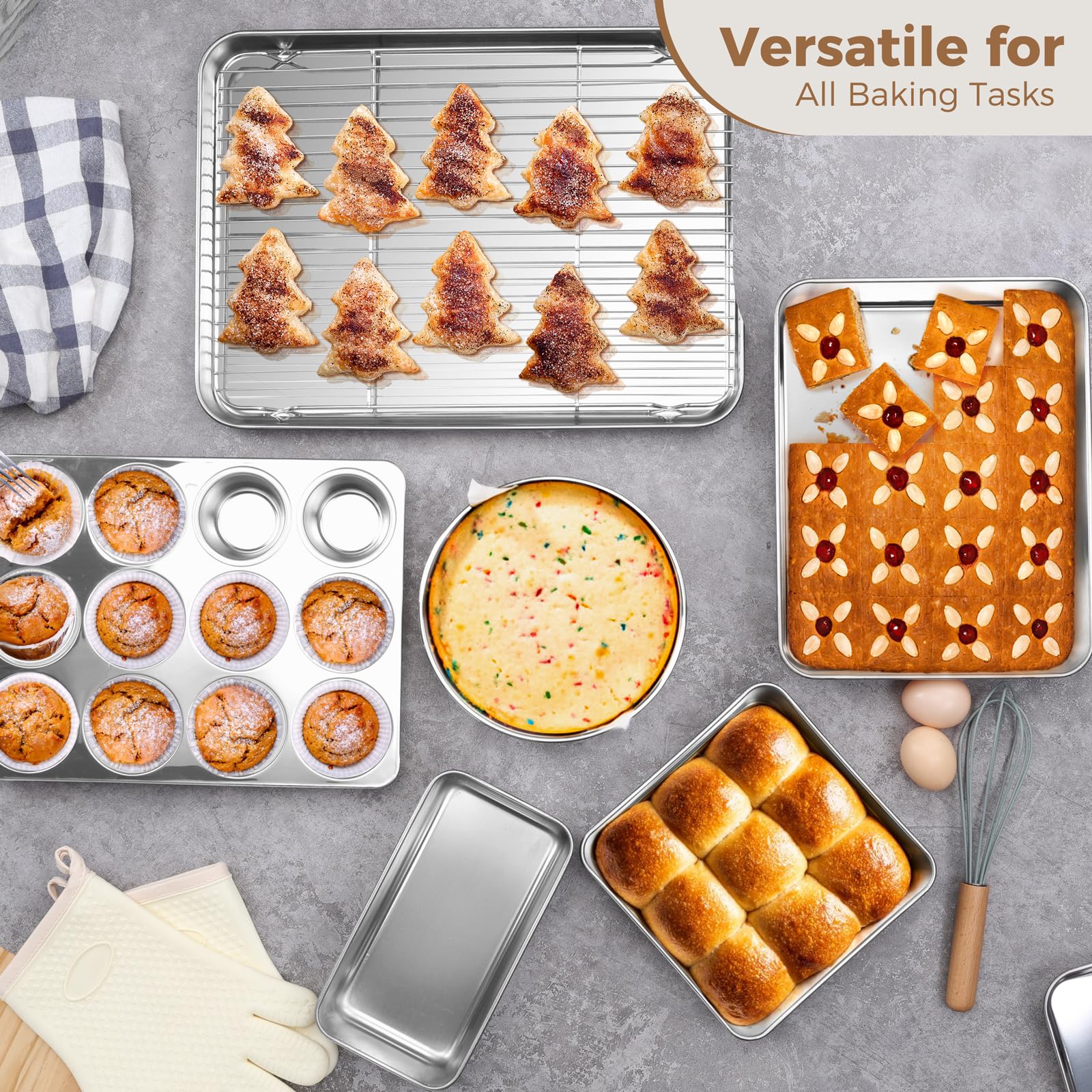 E-far 9-teiliges Backformen-Set, Edelstahl-Backformen-Sets für Blech, Kuchen, Kekse, Brot, Muffin, inklusive Backblech, rund, quadratisch, rechteckig, Backform und Kühlgitter, spülmaschinenfest