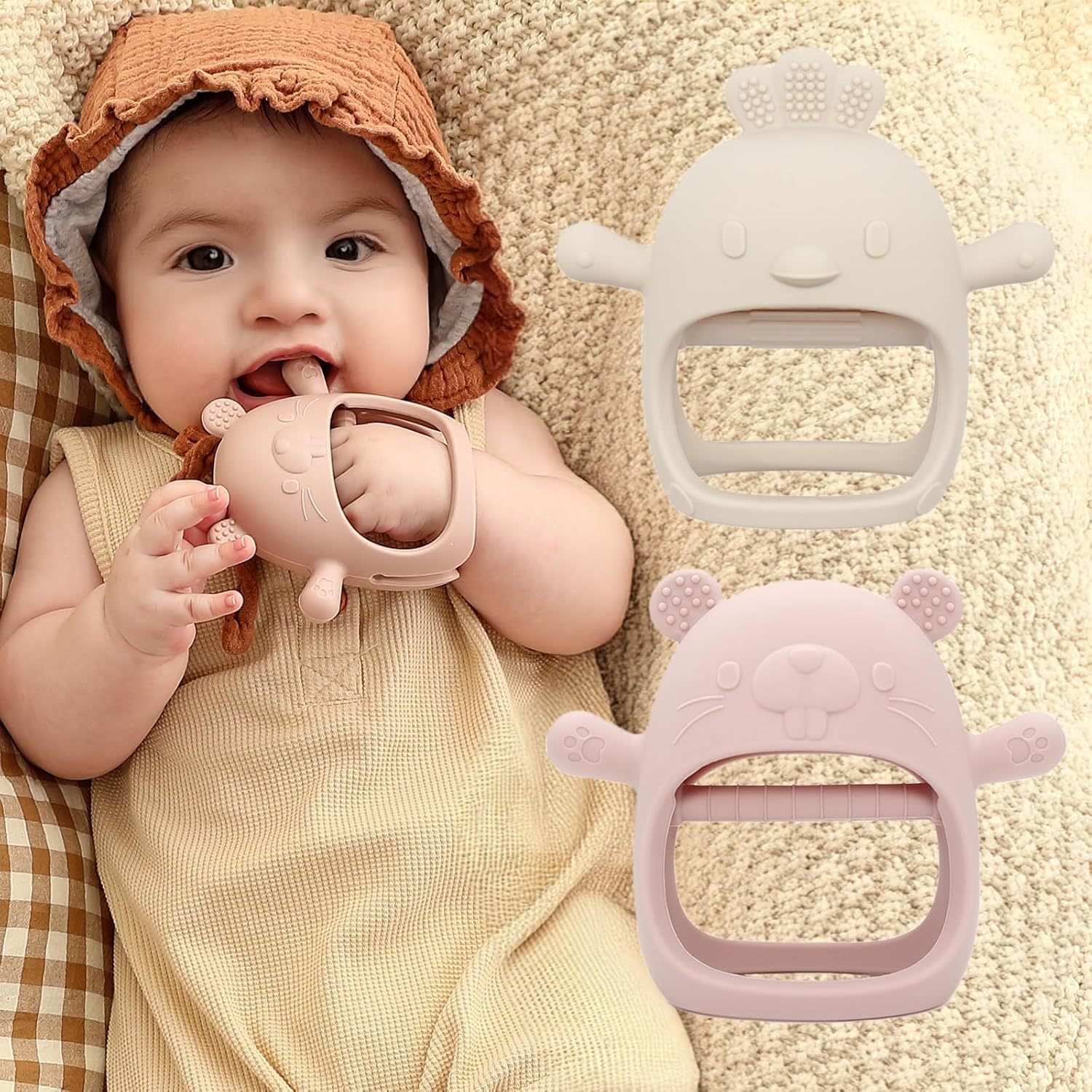 KESI ORNAMENTS Baby Teething Toys, Never Drop Hand Wrist Teether, Baby Chew Toys for Sucking Needs, Silicone Baby Mitten Teether for Soothing Teething Pain Relief, Easy to Grip (Beige) - Image 8 thumbnail