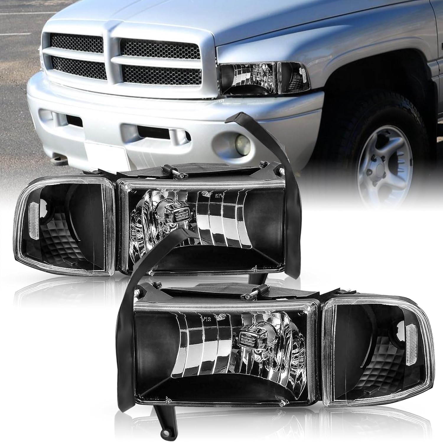TUSDAR 4Pcs Headlight Assembly for 94-01 Dodge Ram 1500/94-02 Dodge Ram 2500 3500 2nd Gen Pickup Replacement w/Corner Light Chrome Housing