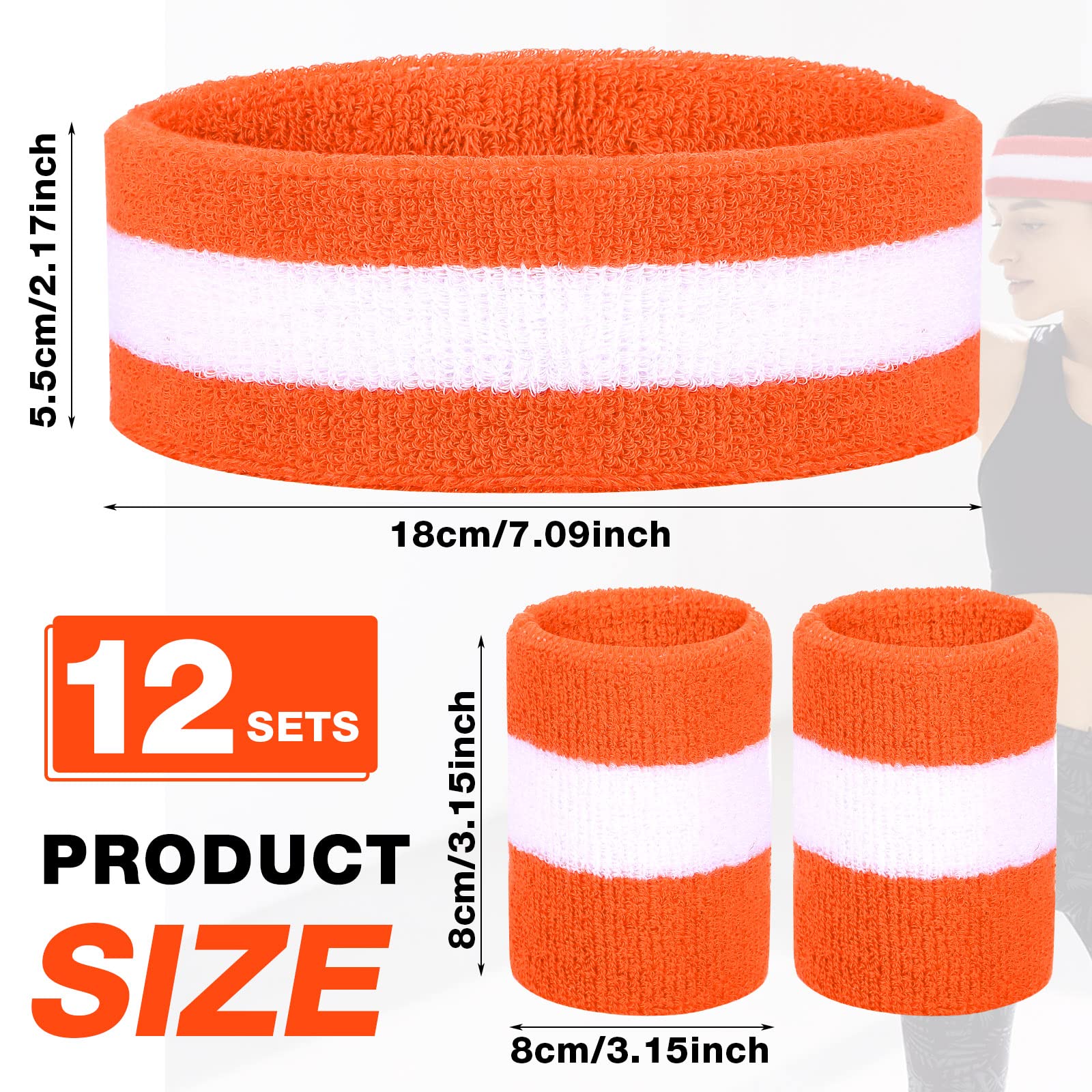 El juego de 36 bandas de sudor a rayas a granel incluye 12 diademas a rayas que absorben el sudor y 24 pulseras de algodón para hombres y mujeres, gimnasio deportivo (naranja, blanco)