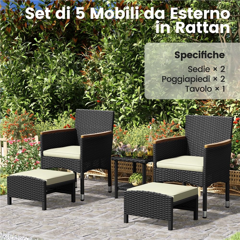 Yaheetech Set di 5 Mobili da Giardino in Rattan PE Mobili da Balcone con 2 Poltrone 2 Poggiapiedi 1 Tavolino in Vetro per Esterno Patio Terrazza Nero/Beige