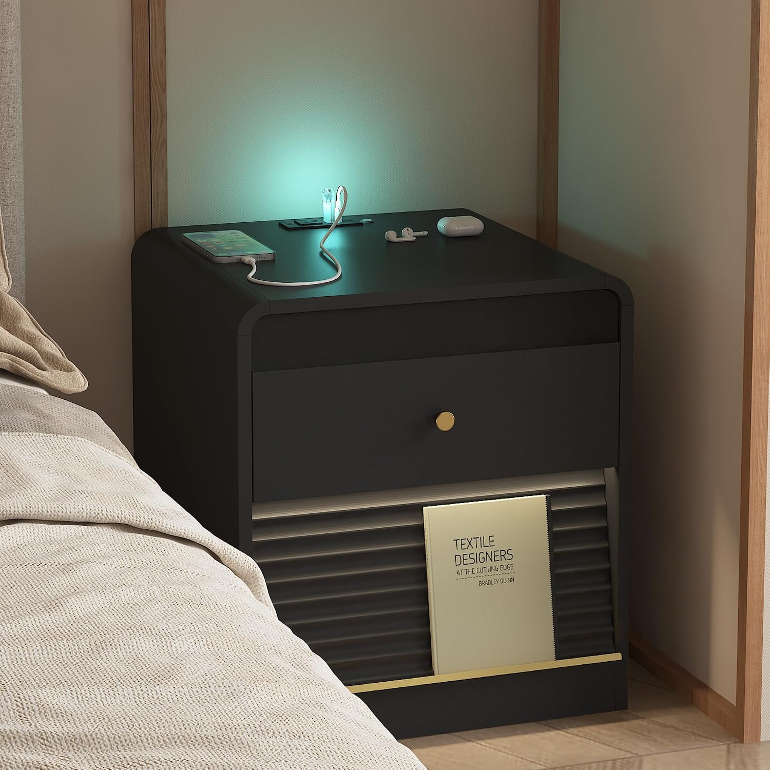 Nightstand with Charging Station, Smart Bedside Table with Voice-Controlled Night Light & 7 Color LED, End Table with USB Ports & AC Outlet, Storage Cabinet for Bedroom, Black (Black)