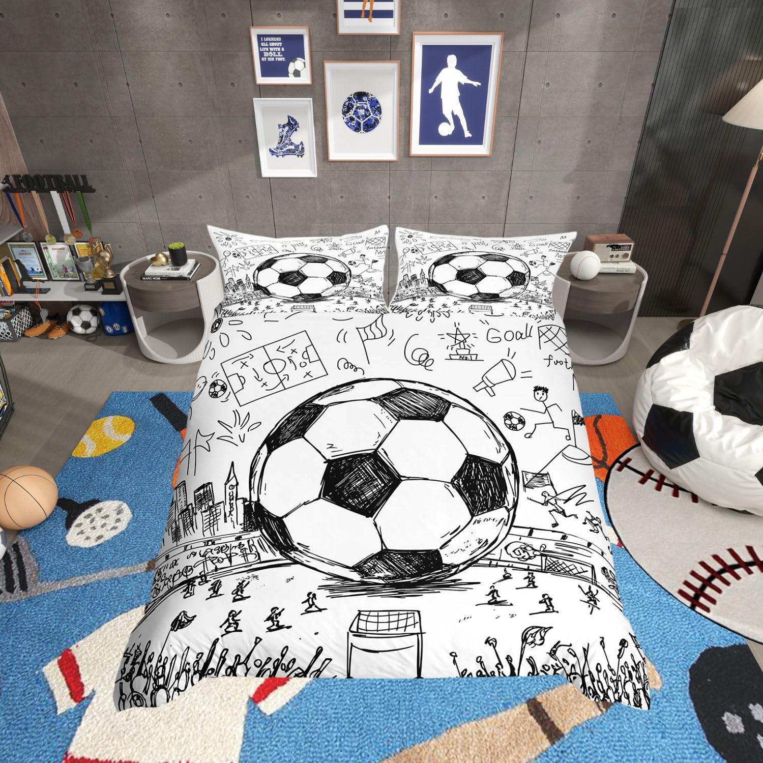 Homewish Football King Size Duvet Cover Set Black White Gaming Reversible - Soccer Themed Bedding for Kids Boys Bedroom - Hand Drawn Sketch Football Design Quilt Cover Sports Game Bed Set — image 1