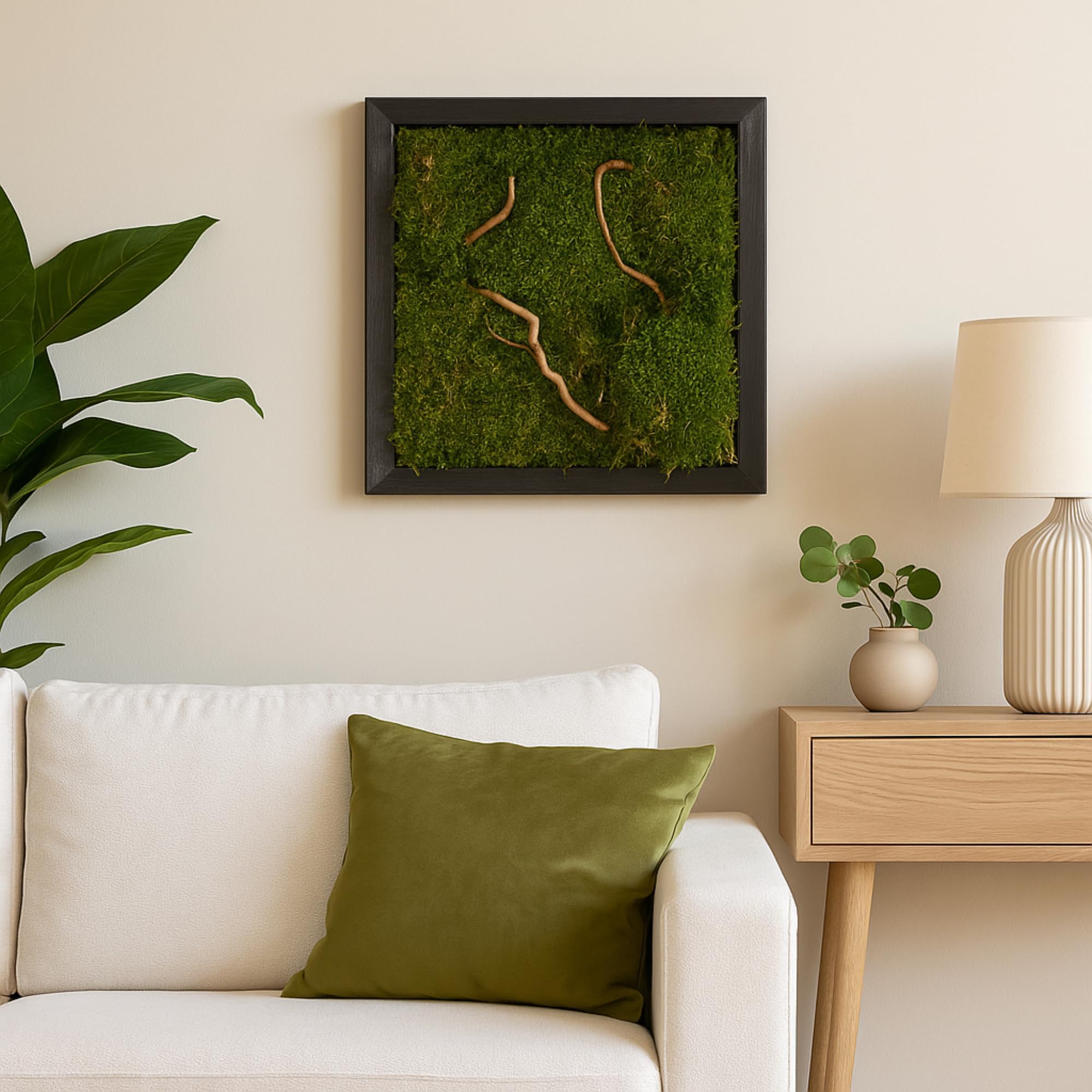Quadro Bosco con Muschio Stabilizzato 30x30 cm - Made in Italy - Quadretto da Parete con Cornice Nera Per Decorazioni in Soggiorno - Muschio e Rami di Salice - con Gancetto (Moderno, Nero, 30x30)