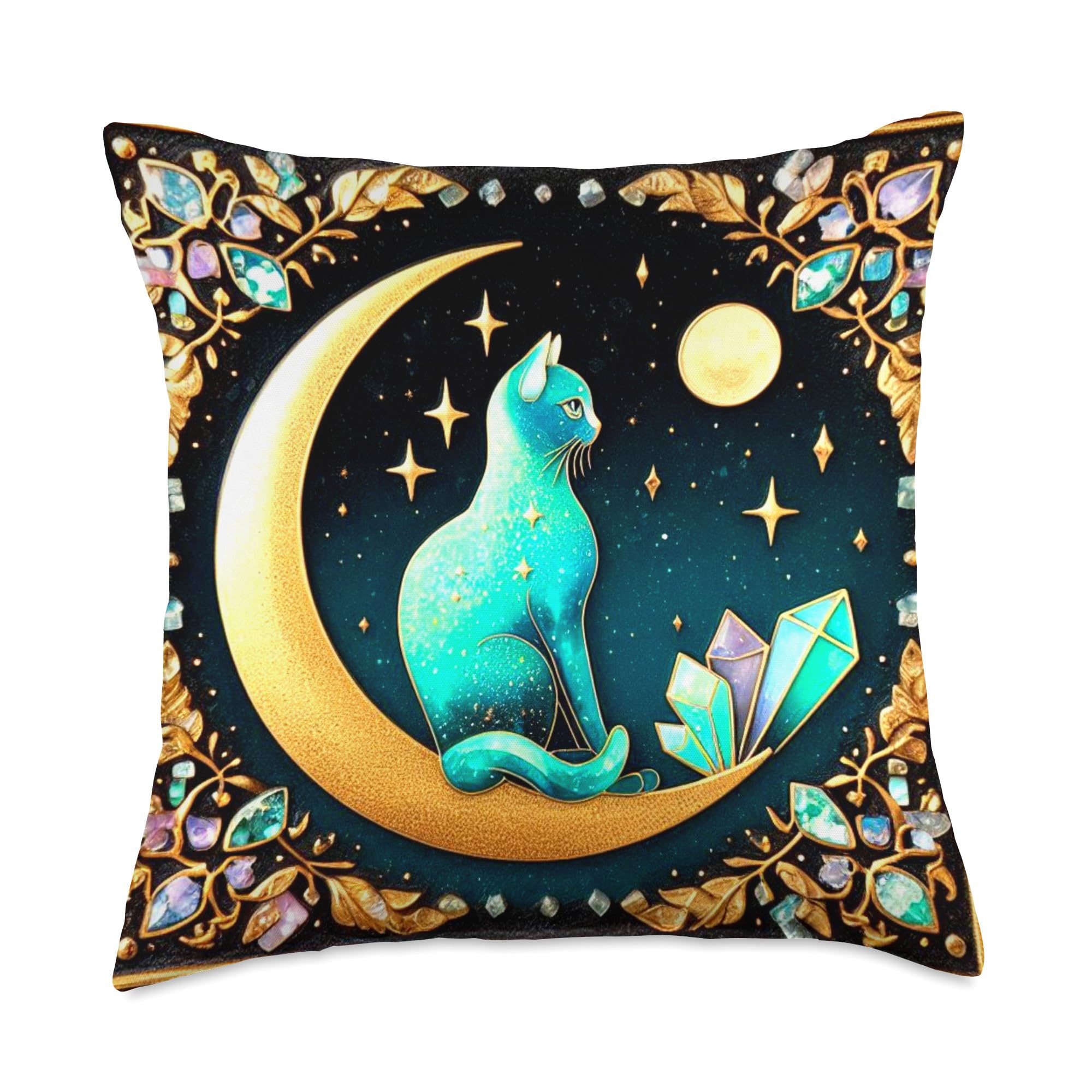 Cat Crystals Decor Celestial Crystals Moon Mystical Spiritual Cat World Throw Pillow, 18x18, Multicolor