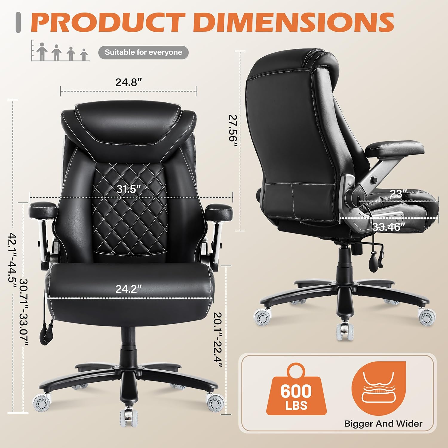 600LBS Large Big and Tall Office Chair, Heavy Duty Wide Ergonomic Gaming Office Chair with 5D Flip Arms, Comfy PU Leather Executive Office Desk Chair, Extra Wide Padded Seat, Adjustable Lumbar