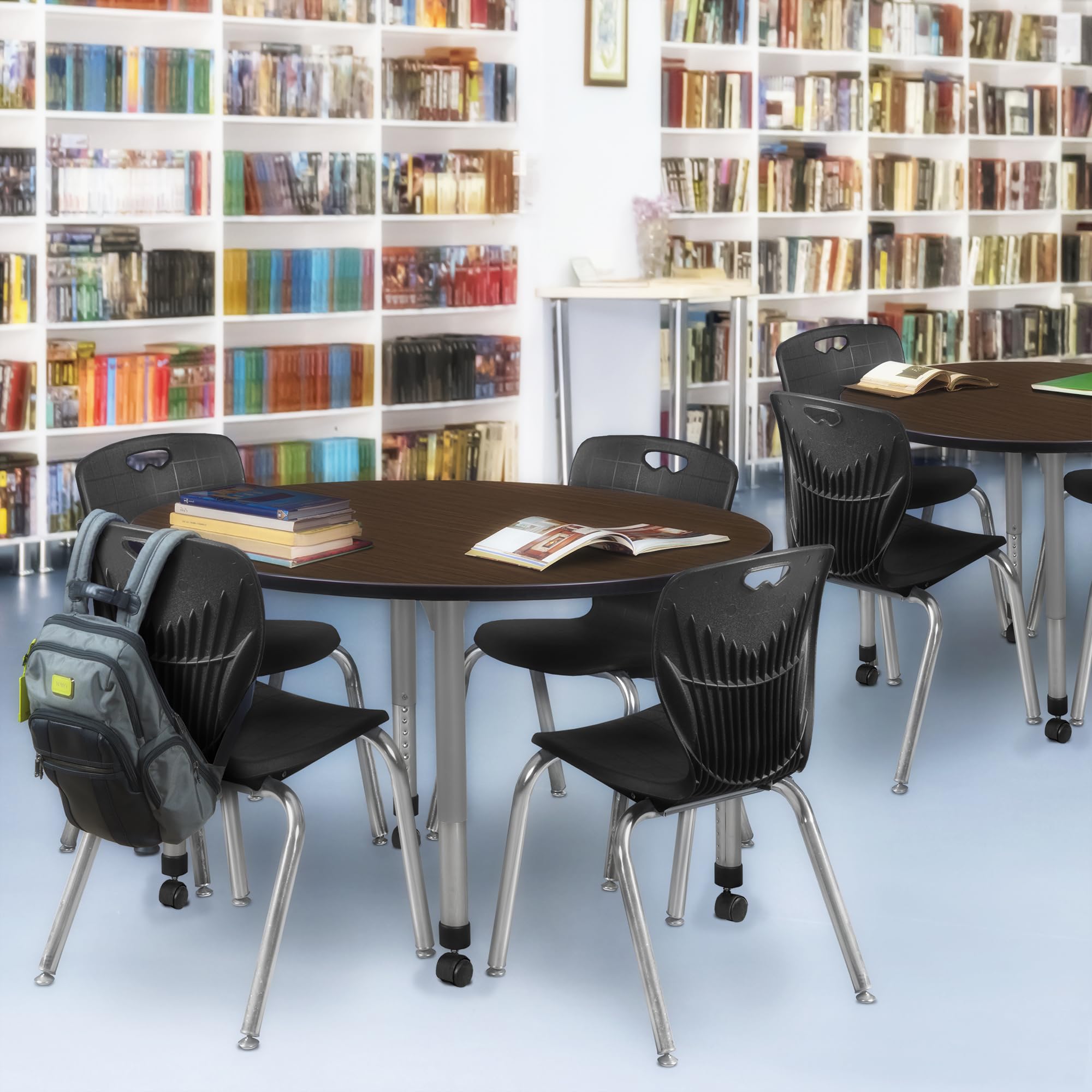 Regency Kee 48 in. Round Mobile Adjustable Classroom Table- Neo Walnut Top, Grey Base & 4 Andy 18 in. Black Stack Chairs