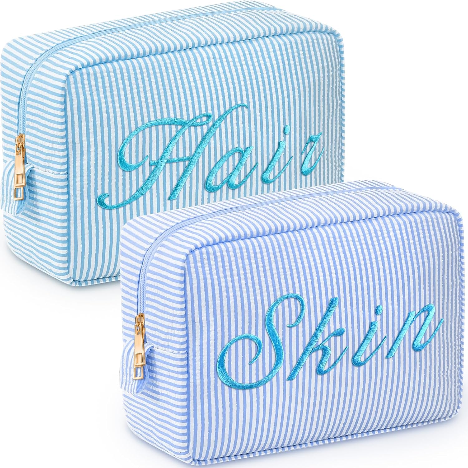 Sanwuta 2 Pcs Seersucker Cosmetic Bag Valentine Day Makeup Bag Gift for Women Large Pinstripe Seersucker Travel Toiletry Organizer Preppy Sanitary Storage Pouch for Wedding Bridesmaid(Blue, Lake Blue)