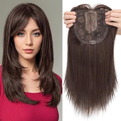 MY-LADY Hair Toppers for Women with Thinning Hair 18 Inch Toppers Hair Pieces for Women Wiglets with Bangs 6"x6" Lace Base Clip in Synthethic Hairpieces Dark Brown