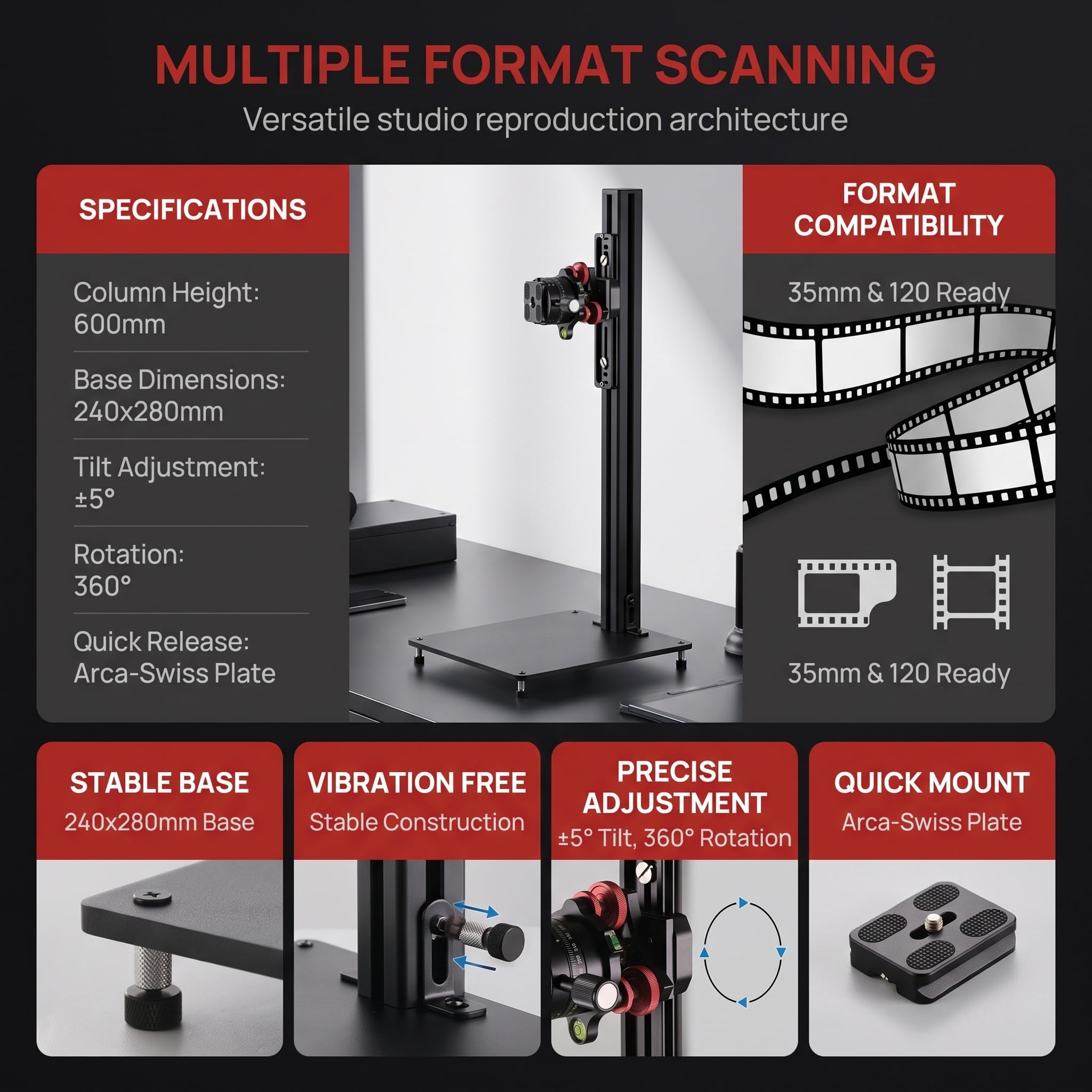 Soporte para Macrofotografía, Soporte De Aluminio De 600 Mm para Escaneo De Películas DSLR De 135 Y 120, con Cabezal De Ajuste Fino Micrométrico, Base De 24 X 28 Cm, para Fotografía