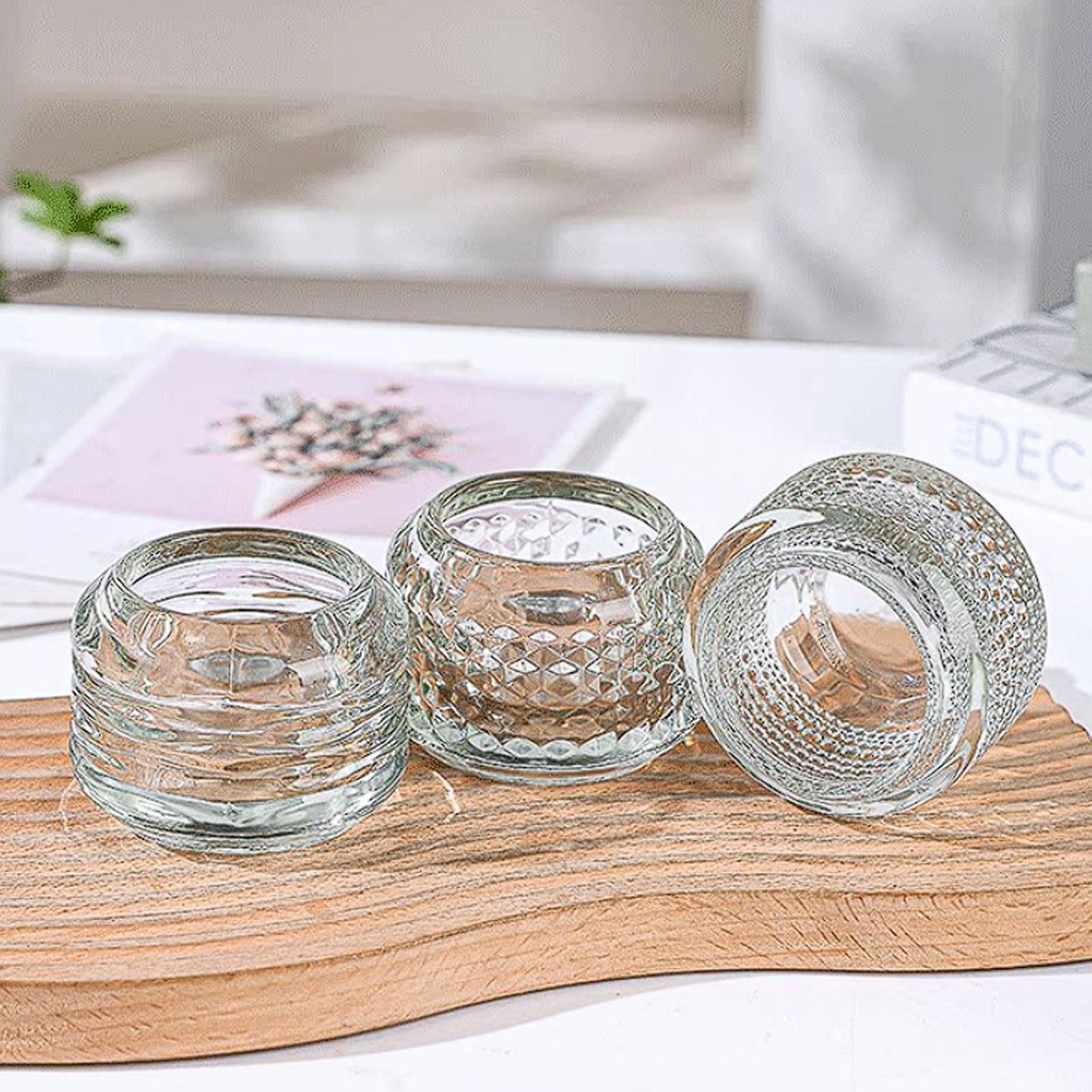 Bougeoir de Bureau en Verre Cristal, Ensemble 4 bougeoirs avec Quatre Styles texturés, Accessoire Photographie, Ouverture à Large Bouche