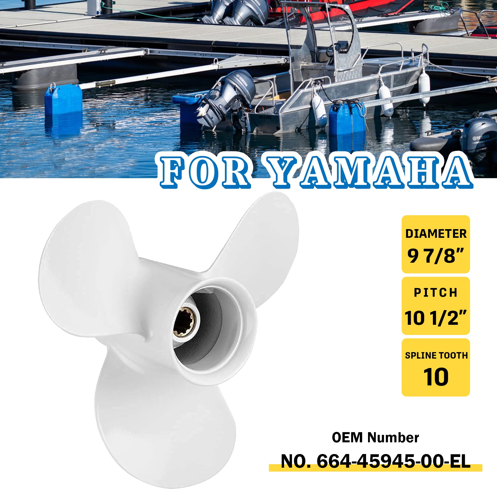 Bob's Marine 664-45945-00-EL 9 7/8 x 10 1/2 F Aluminium-Propeller für Yamaha 20 PS, 25 PS, 30 PS, Außenbordmotoren, 9,875 x 10,5, 10 Zähne. | 10 Verzahnung Aluminium Prop für Yamaha Außenbordmotoren 20-30HP RH