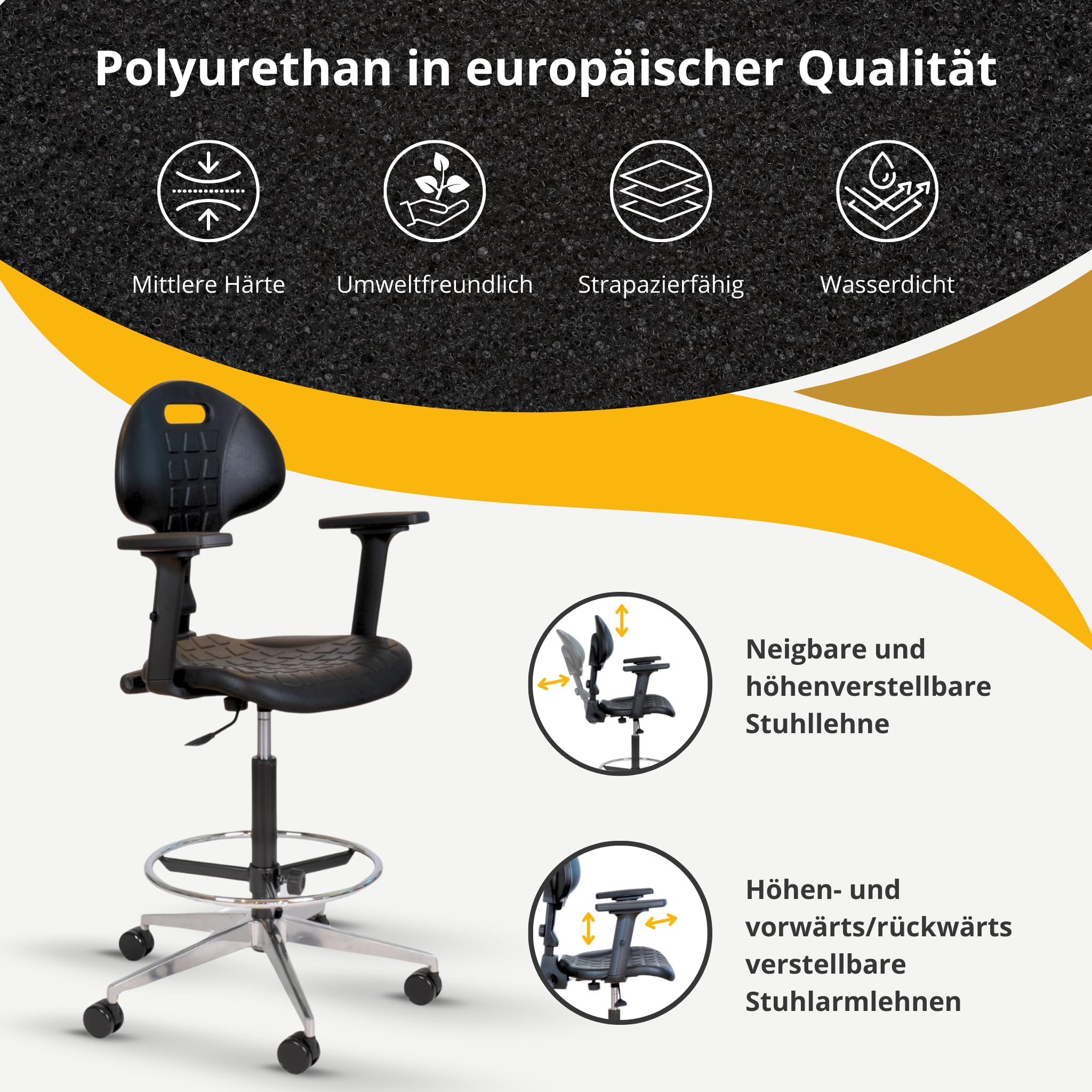 Topsit IND010102+AL - Silla de trabajo de poliuretano con reposabrazos, altura regulable y respaldo ajustable, base de aluminio resistente, reposapiés ajustable, ruedas de 65 mm