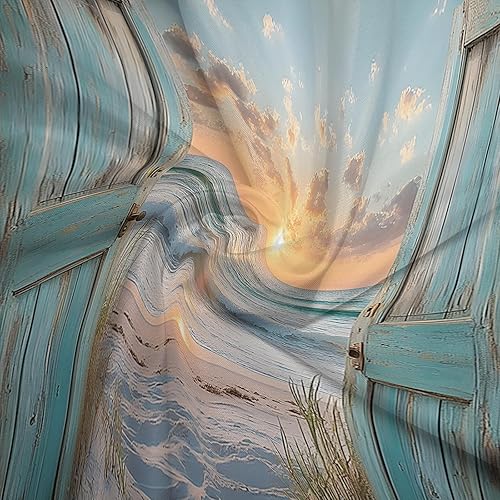 Miniatura 8 de Cortina de ducha para puerta de granero verde azulado con diseño de océano, puesta de sol, paisaje, olas de mar, mar, costero, retro, madera,