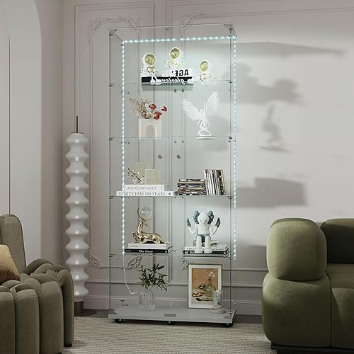 Miniatura 73 de Vitrina de cristal con 4 estantes con tira de luces LED y cerradura, vitrina de vitrina con ruedas y 1 puerta, vitrina de vidrio templado para sala