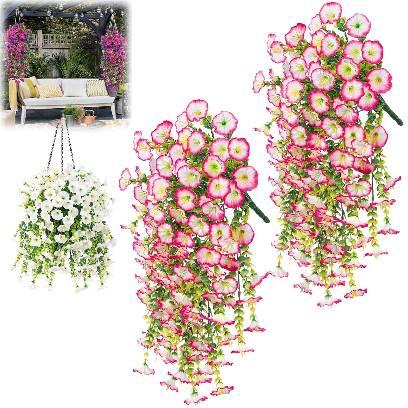 EHOTER Precisetrue Hanging Flowers Artificial Hanging Baskets Fake Flower Morning Glory Artificial Hanging Flowers Outdoor Faux Plants Spring Decor Fake Silk Mums Violets (Pink+White)