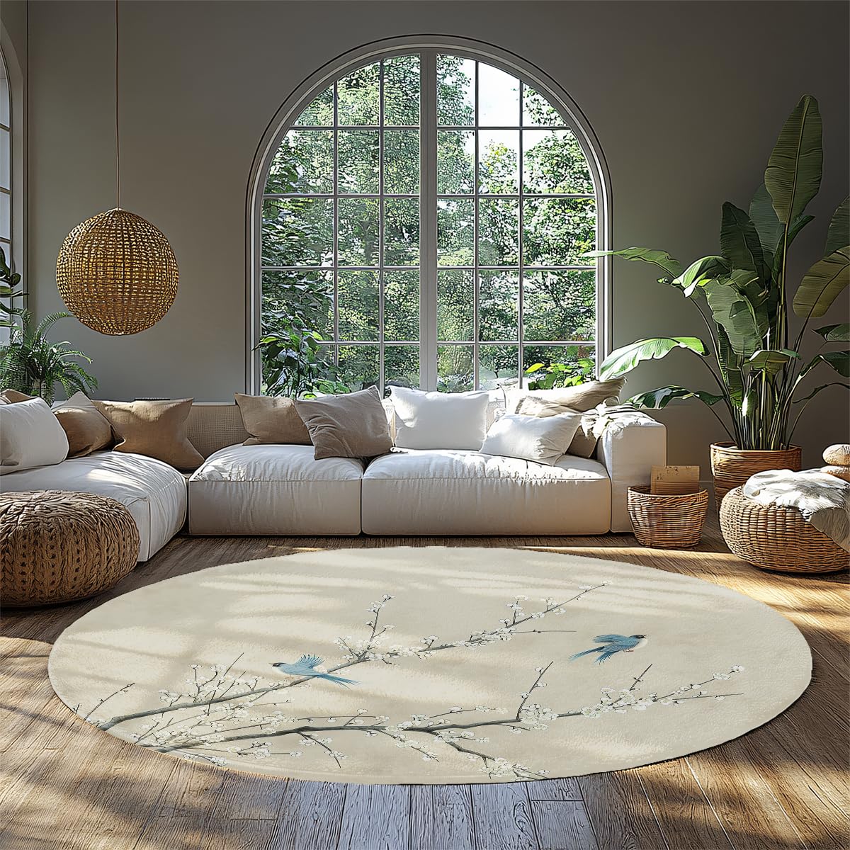 Tapis d’espace rugs rond d'intérieur orné de fleurs de prunier blanches